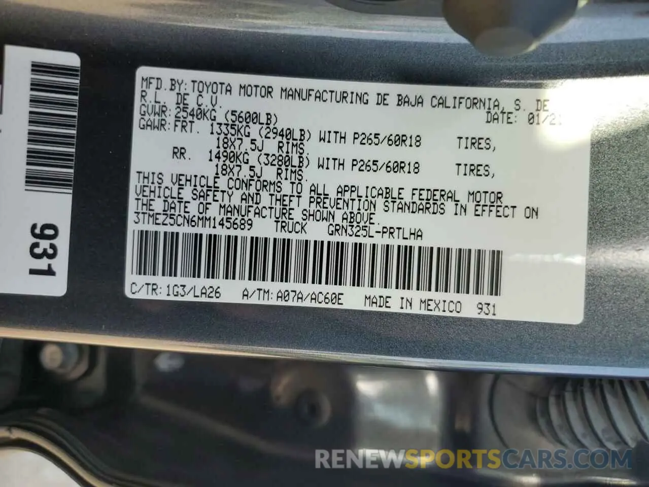 12 fotografías del automóvil dañado 3TMEZ5CN6MM145689 TOYOTA TACOMA 2021