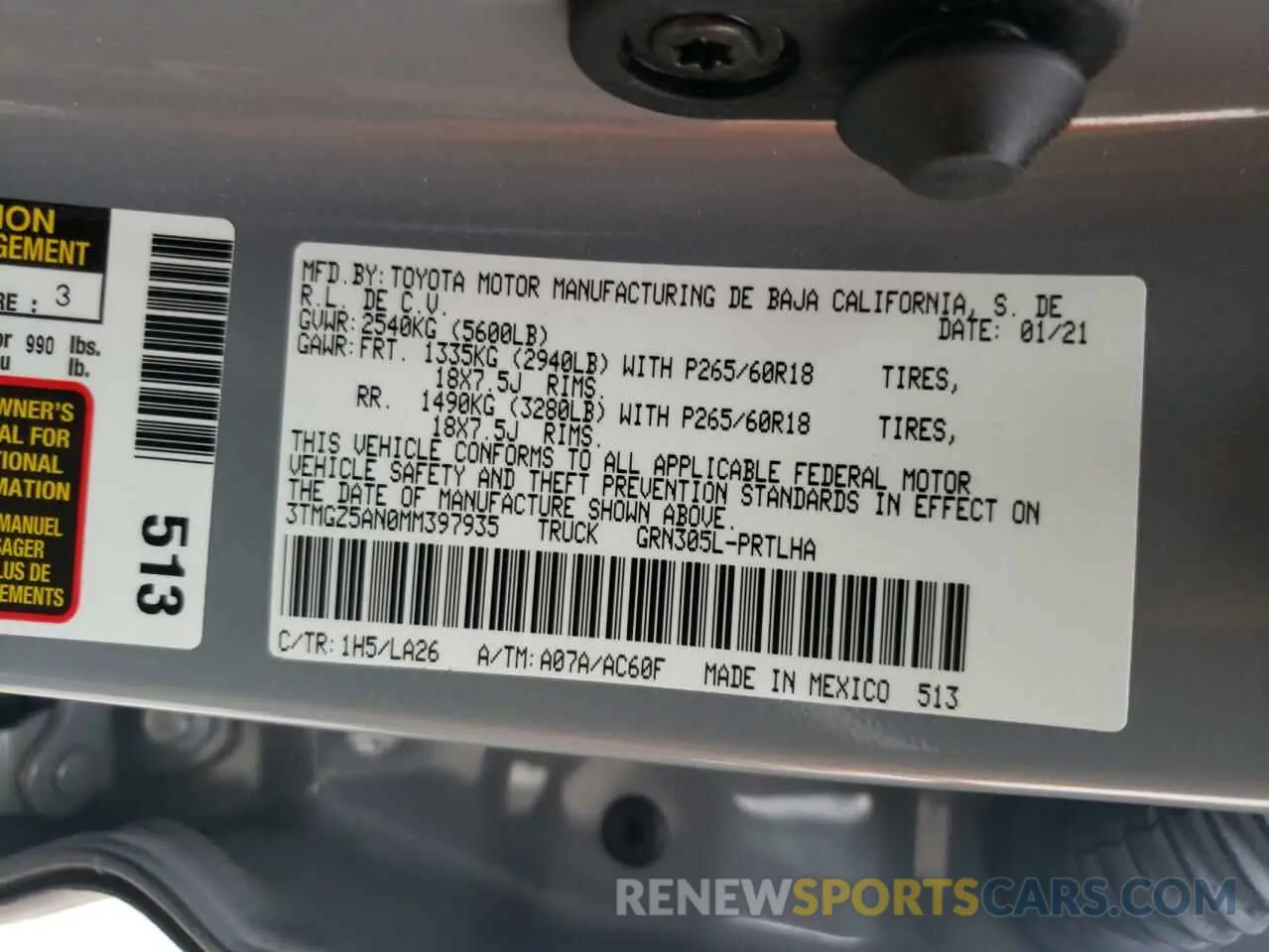 10 fotografías del automóvil dañado 3TMGZ5AN0MM397935 TOYOTA TACOMA 2021