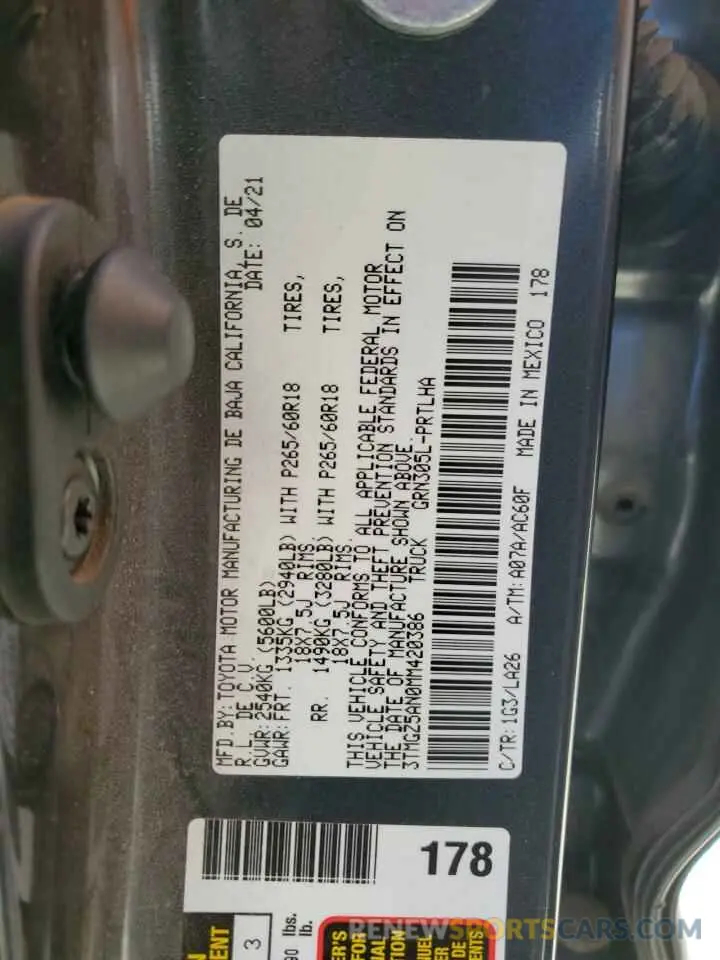 13 fotografías del automóvil dañado 3TMGZ5AN0MM420386 TOYOTA TACOMA 2021