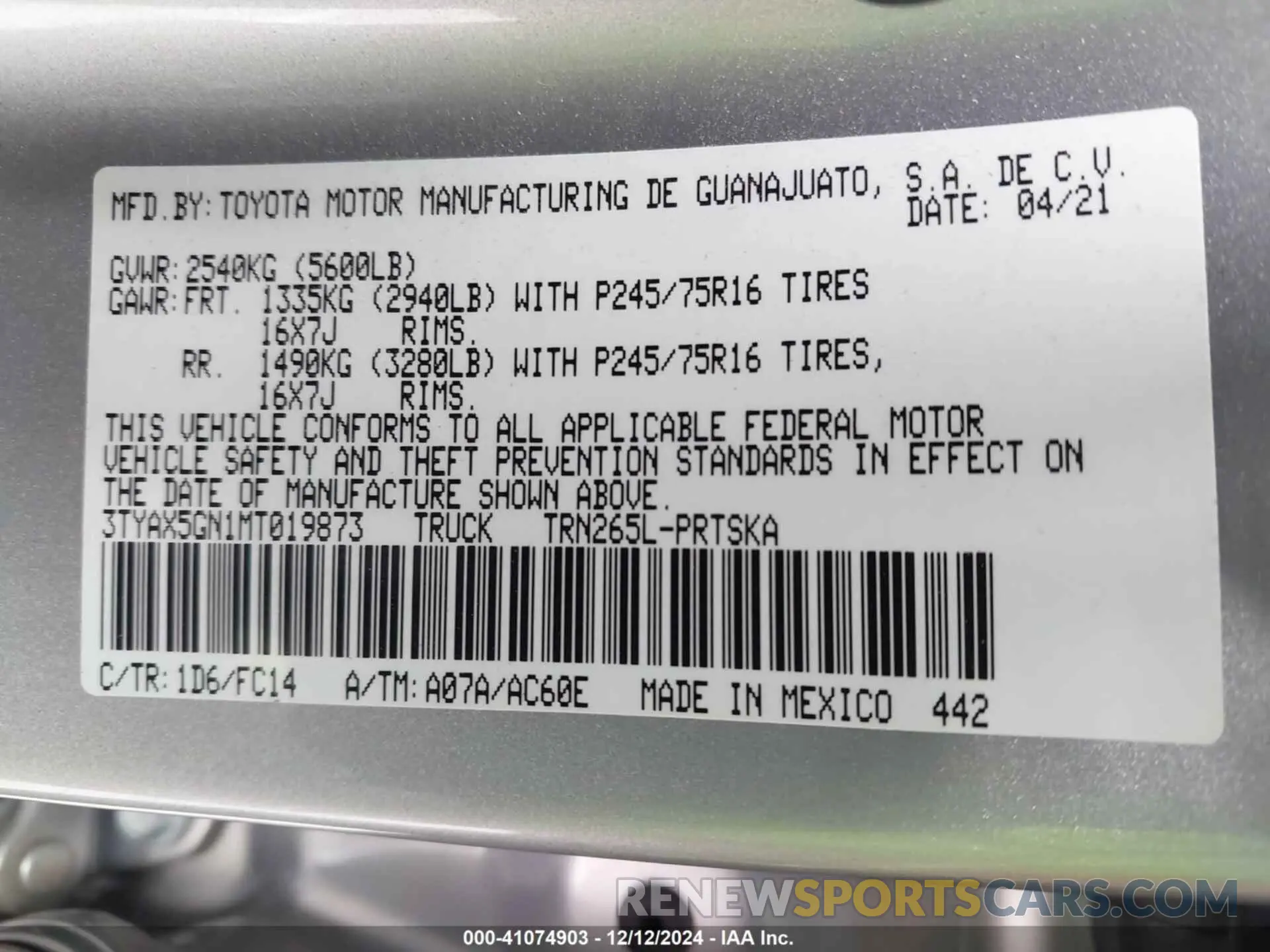9 fotografías del automóvil dañado 3TYAX5GN1MT019873 TOYOTA TACOMA 2021