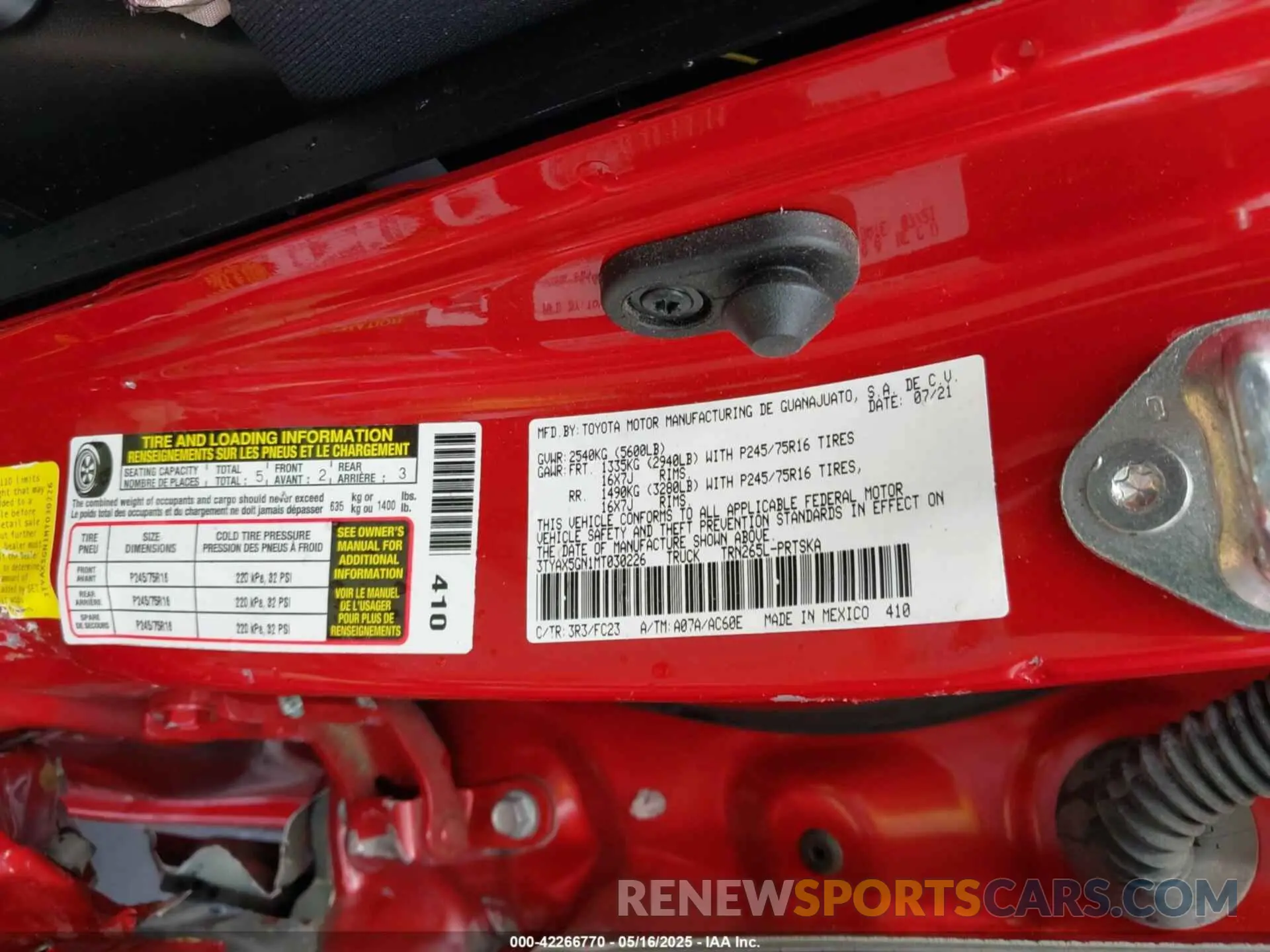 9 fotografías del automóvil dañado 3TYAX5GN1MT030226 TOYOTA TACOMA 2021