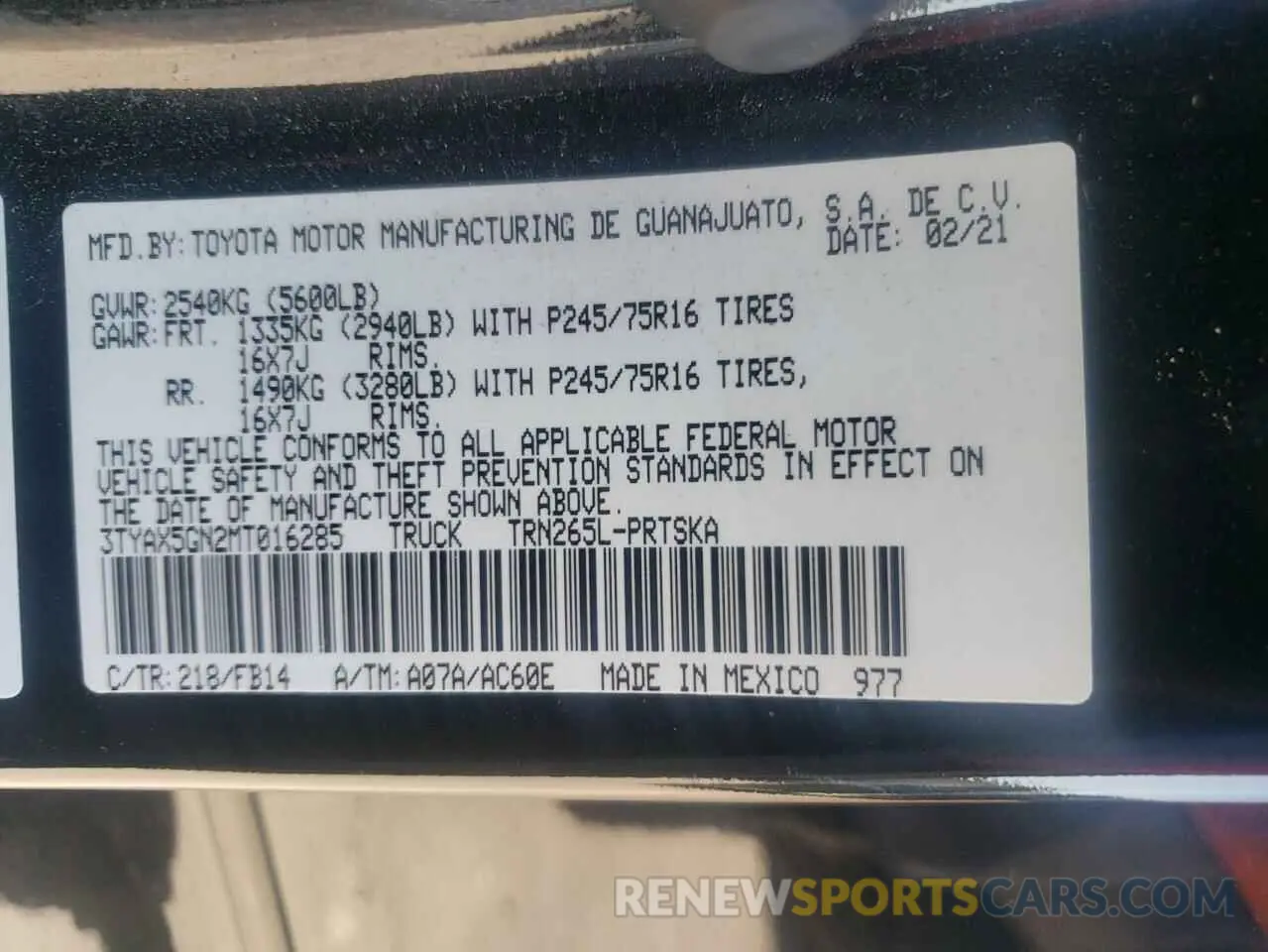 12 fotografías del automóvil dañado 3TYAX5GN2MT016285 TOYOTA TACOMA 2021