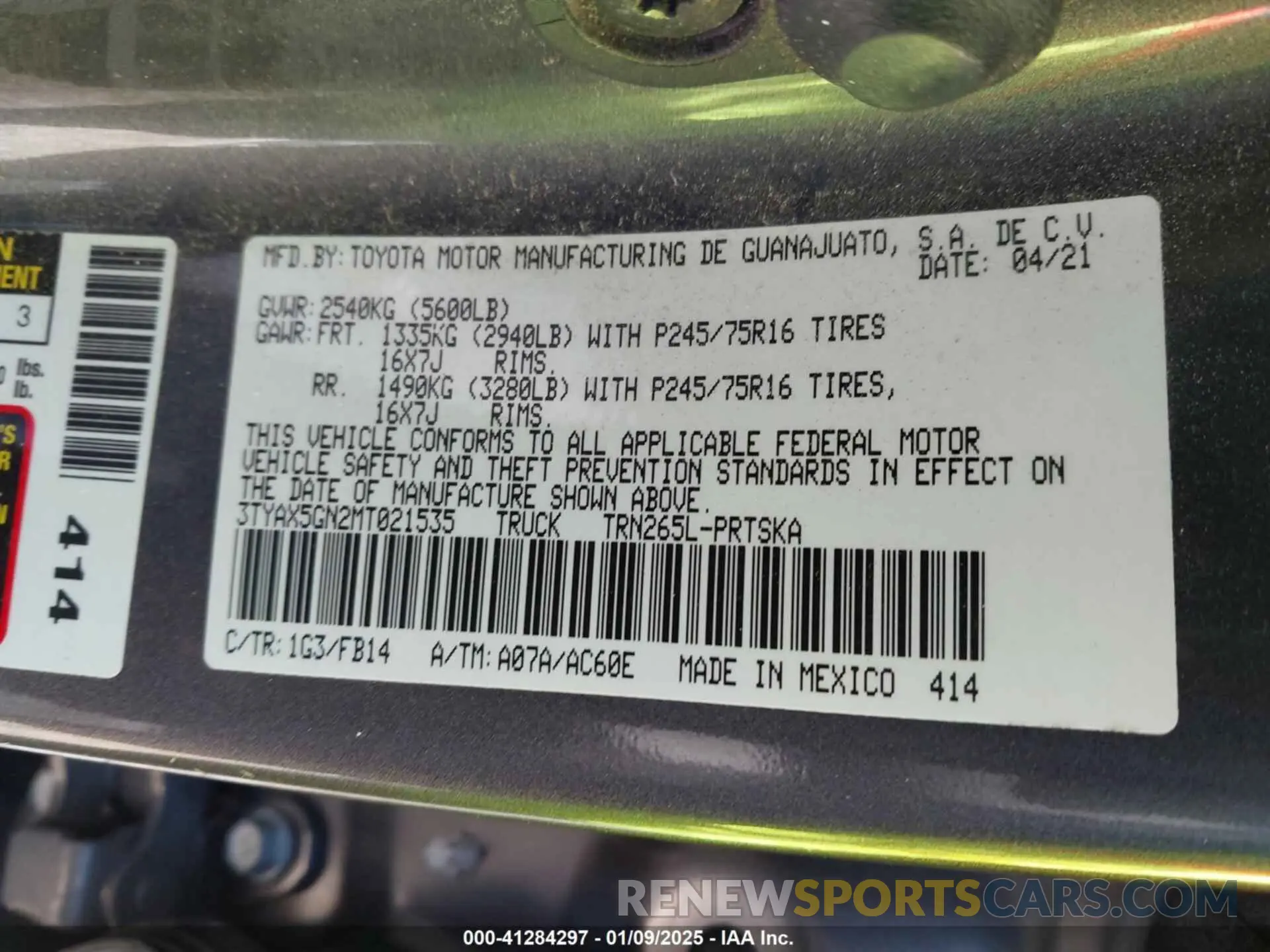 9 fotografías del automóvil dañado 3TYAX5GN2MT021535 TOYOTA TACOMA 2021
