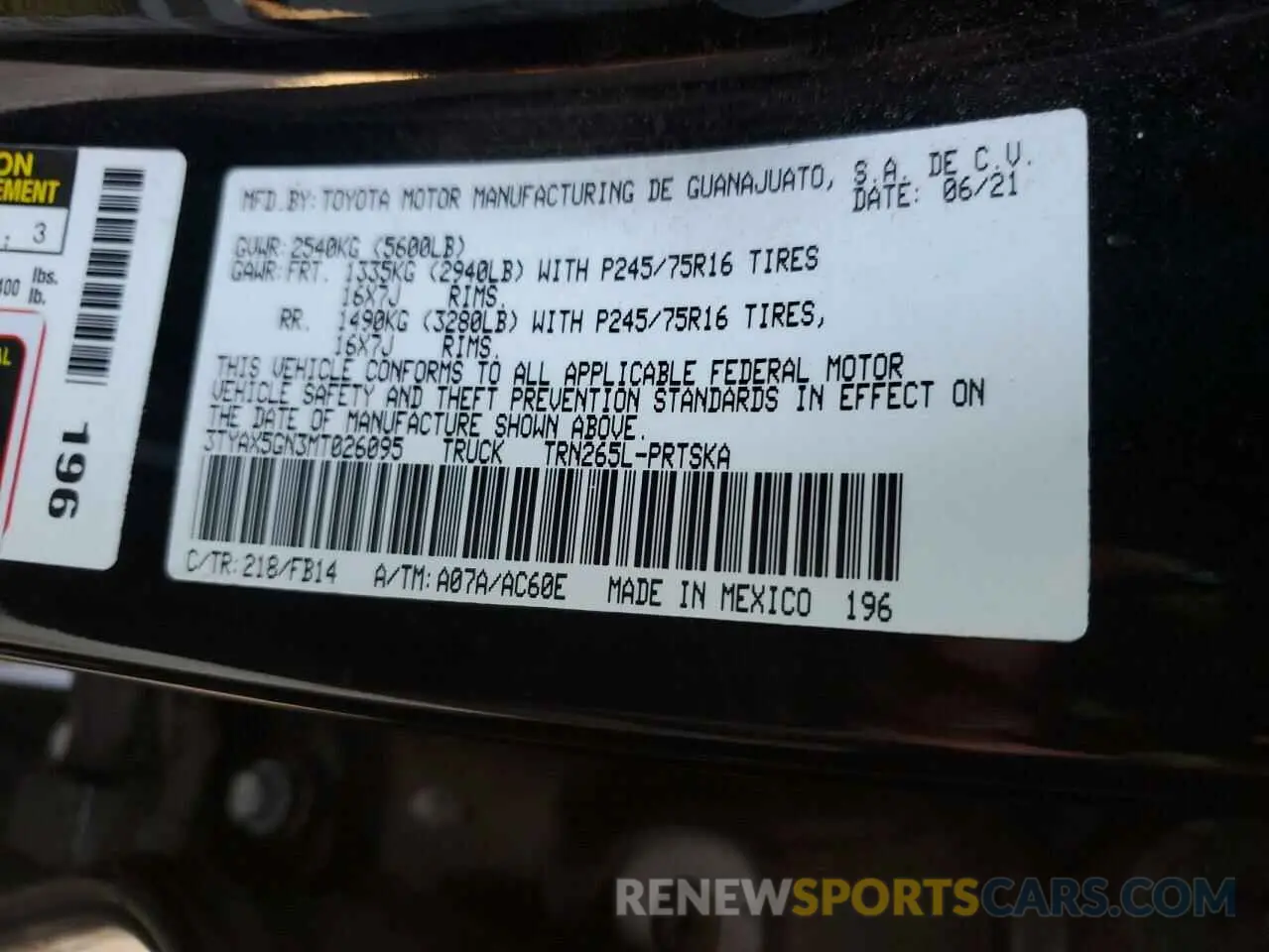 12 fotografías del automóvil dañado 3TYAX5GN3MT026095 TOYOTA TACOMA 2021