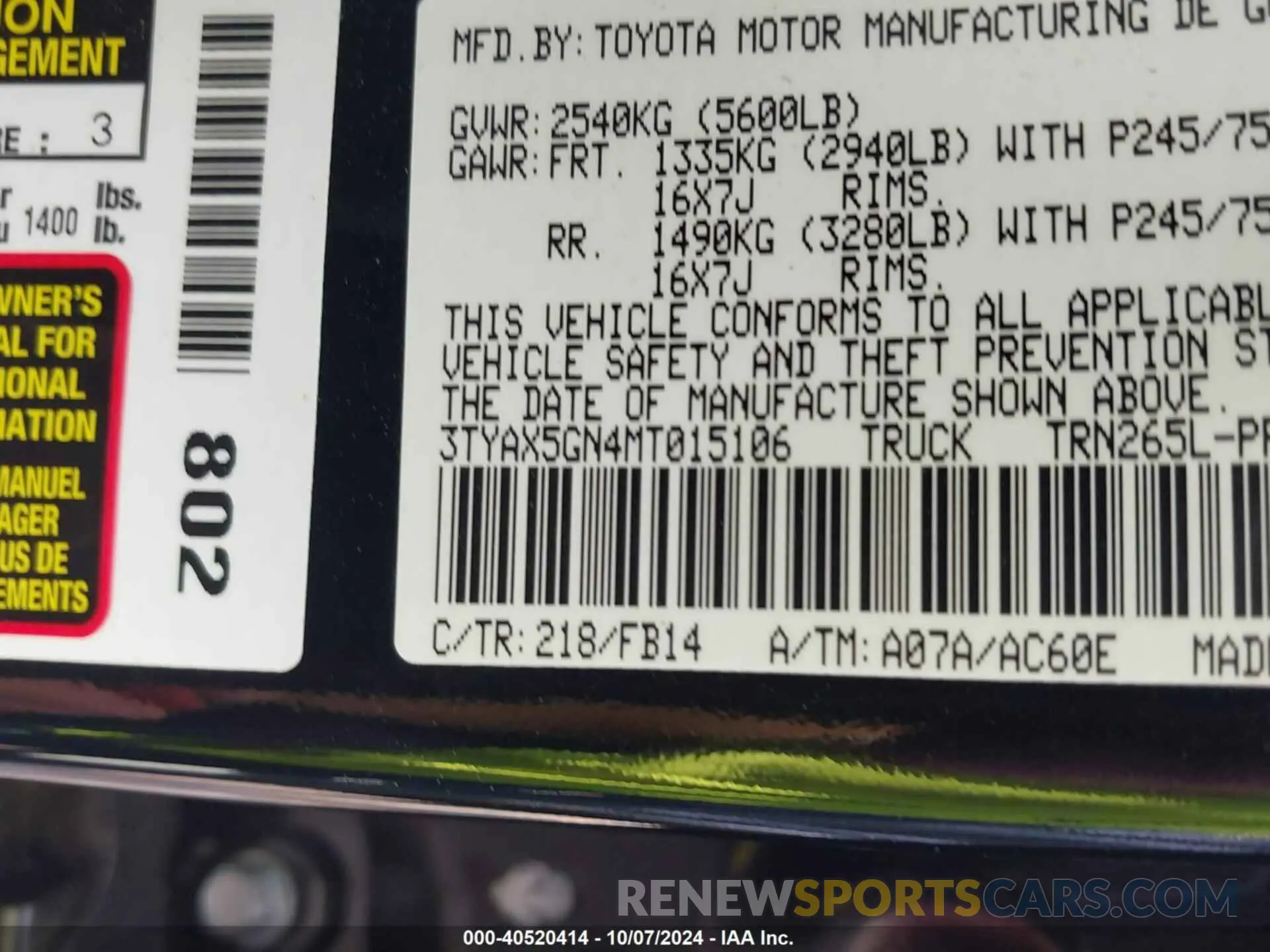 9 fotografías del automóvil dañado 3TYAX5GN4MT015106 TOYOTA TACOMA 2021