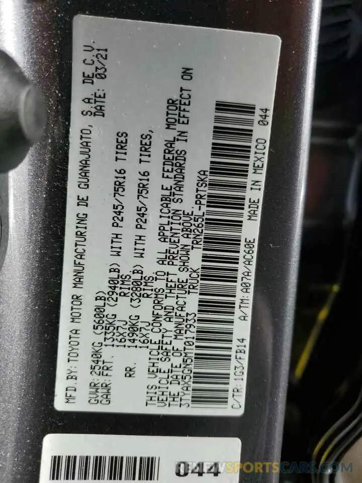 14 fotografías del automóvil dañado 3TYAX5GN5MT017933 TOYOTA TACOMA 2021
