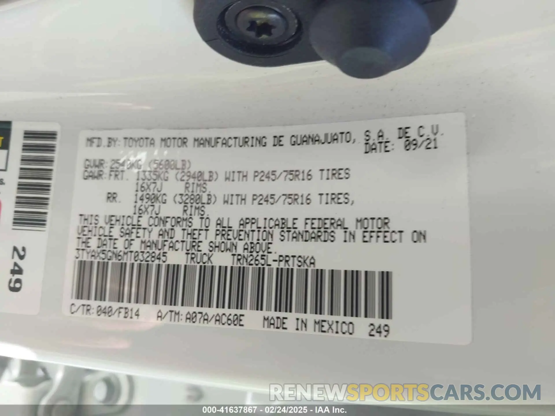 9 fotografías del automóvil dañado 3TYAX5GN6MT032845 TOYOTA TACOMA 2021