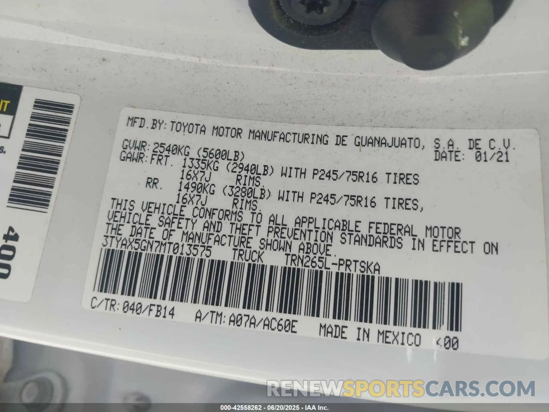 9 fotografías del automóvil dañado 3TYAX5GN7MT013575 TOYOTA TACOMA 2021