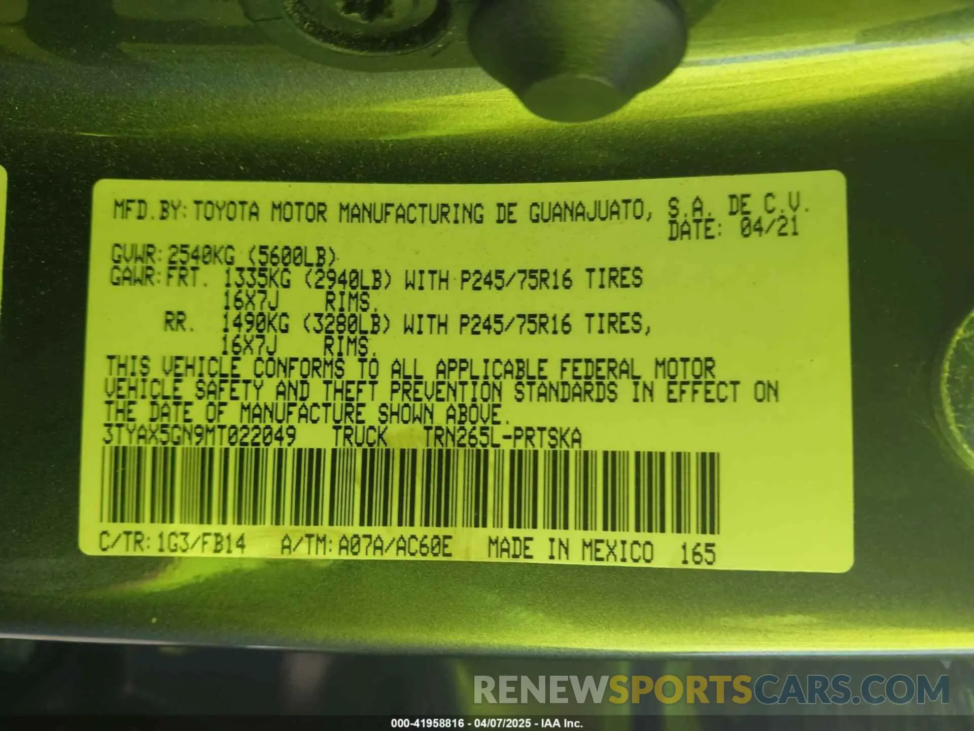 9 fotografías del automóvil dañado 3TYAX5GN9MT022049 TOYOTA TACOMA 2021