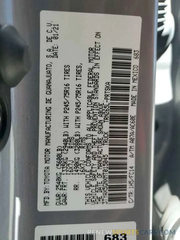 13 fotografías del automóvil dañado 3TYAX5GNXMT015045 TOYOTA TACOMA 2021