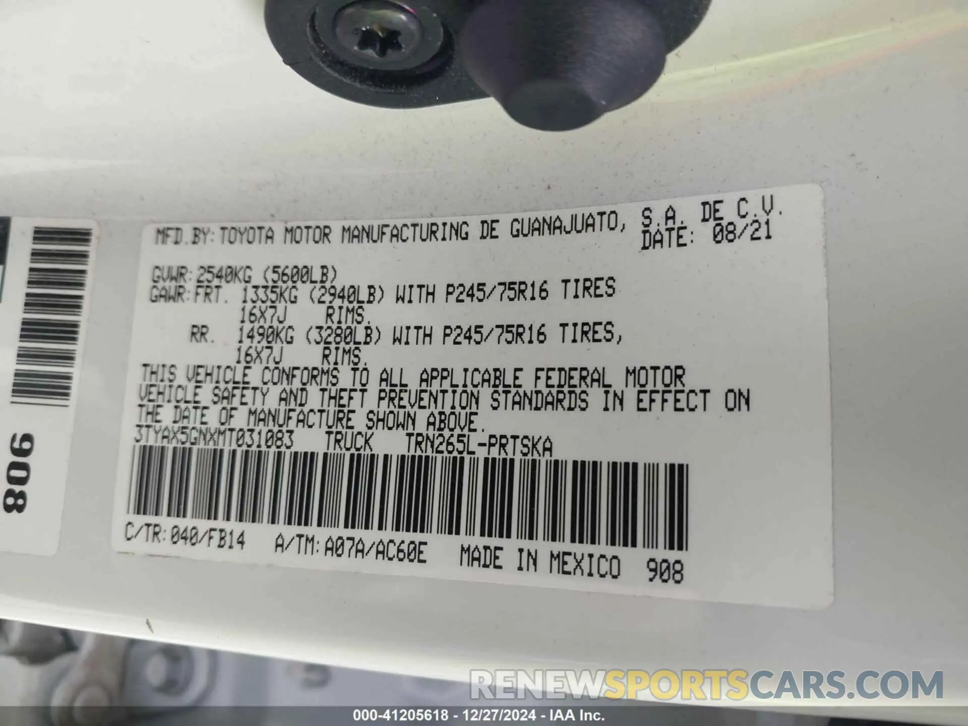 9 fotografías del automóvil dañado 3TYAX5GNXMT031083 TOYOTA TACOMA 2021