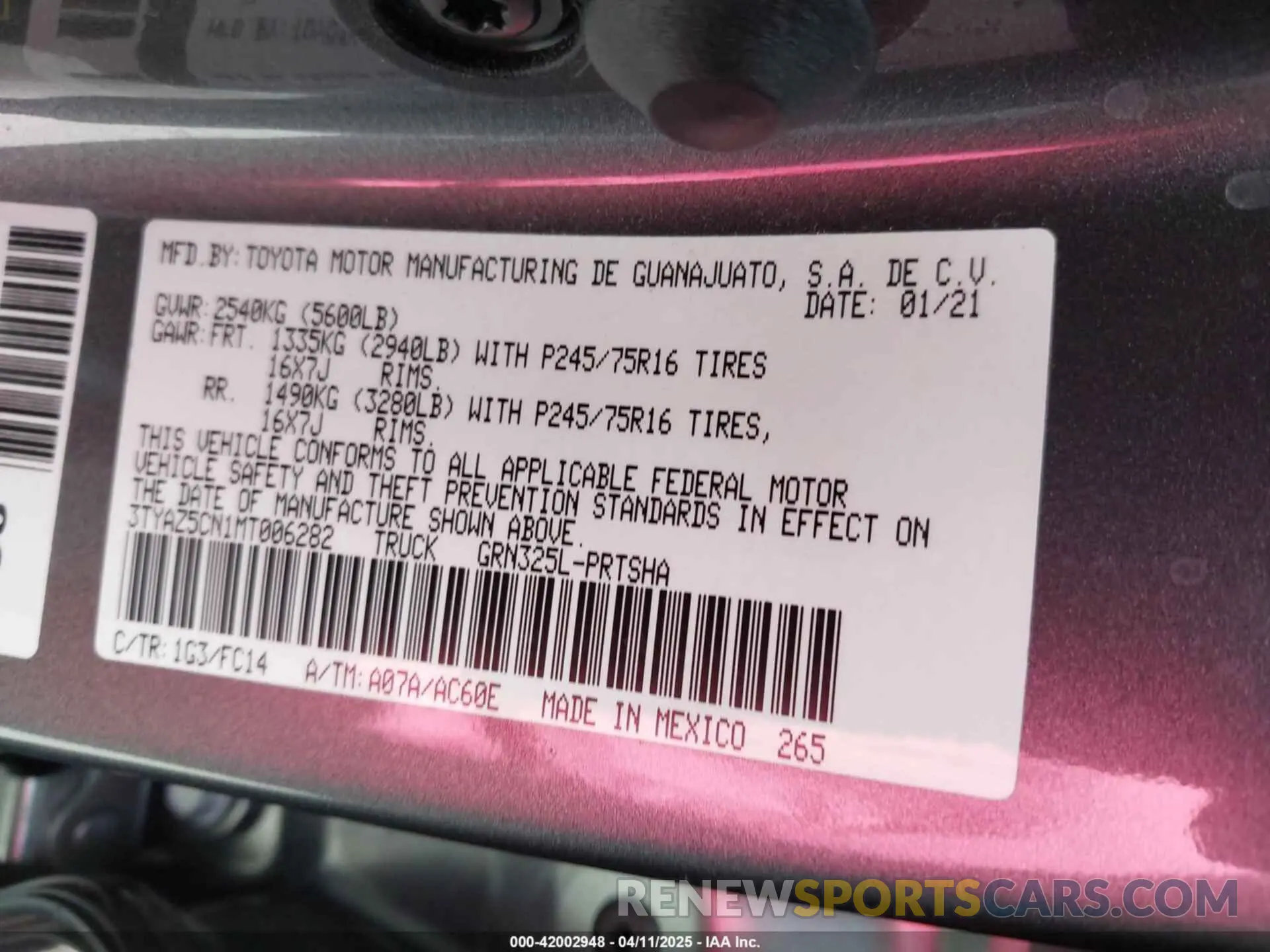9 fotografías del automóvil dañado 3TYAZ5CN1MT006282 TOYOTA TACOMA 2021