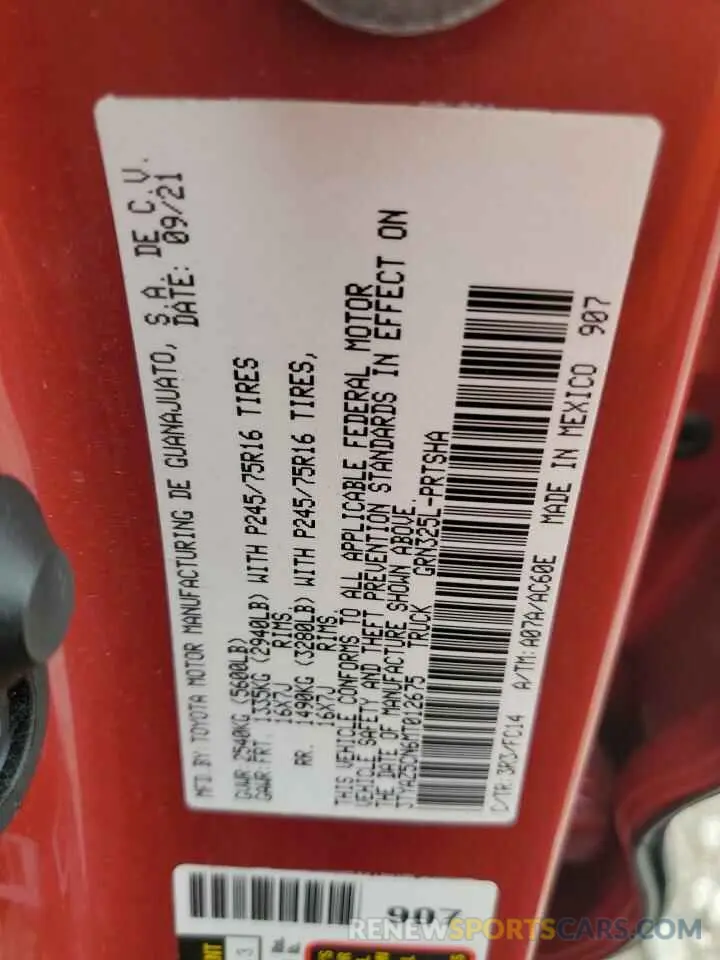 14 fotografías del automóvil dañado 3TYAZ5CN6MT012675 TOYOTA TACOMA 2021