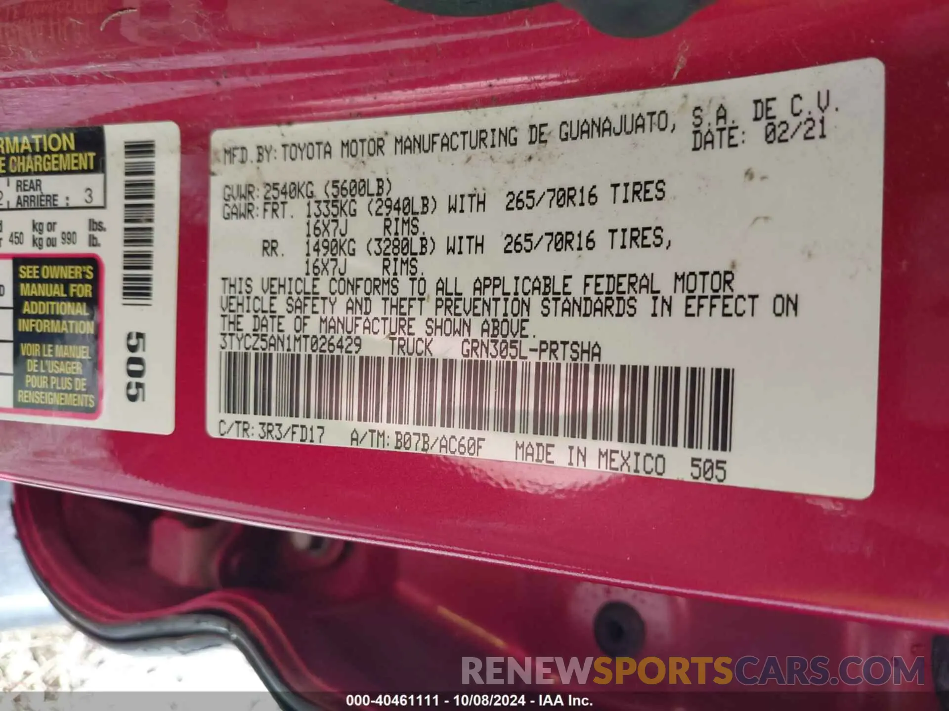 9 fotografías del automóvil dañado 3TYCZ5AN1MT026429 TOYOTA TACOMA 2021