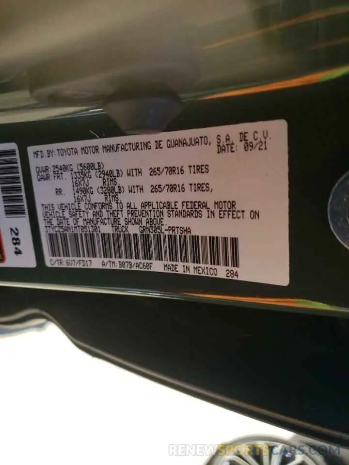 10 fotografías del automóvil dañado 3TYCZ5AN1MT051301 TOYOTA TACOMA 2021