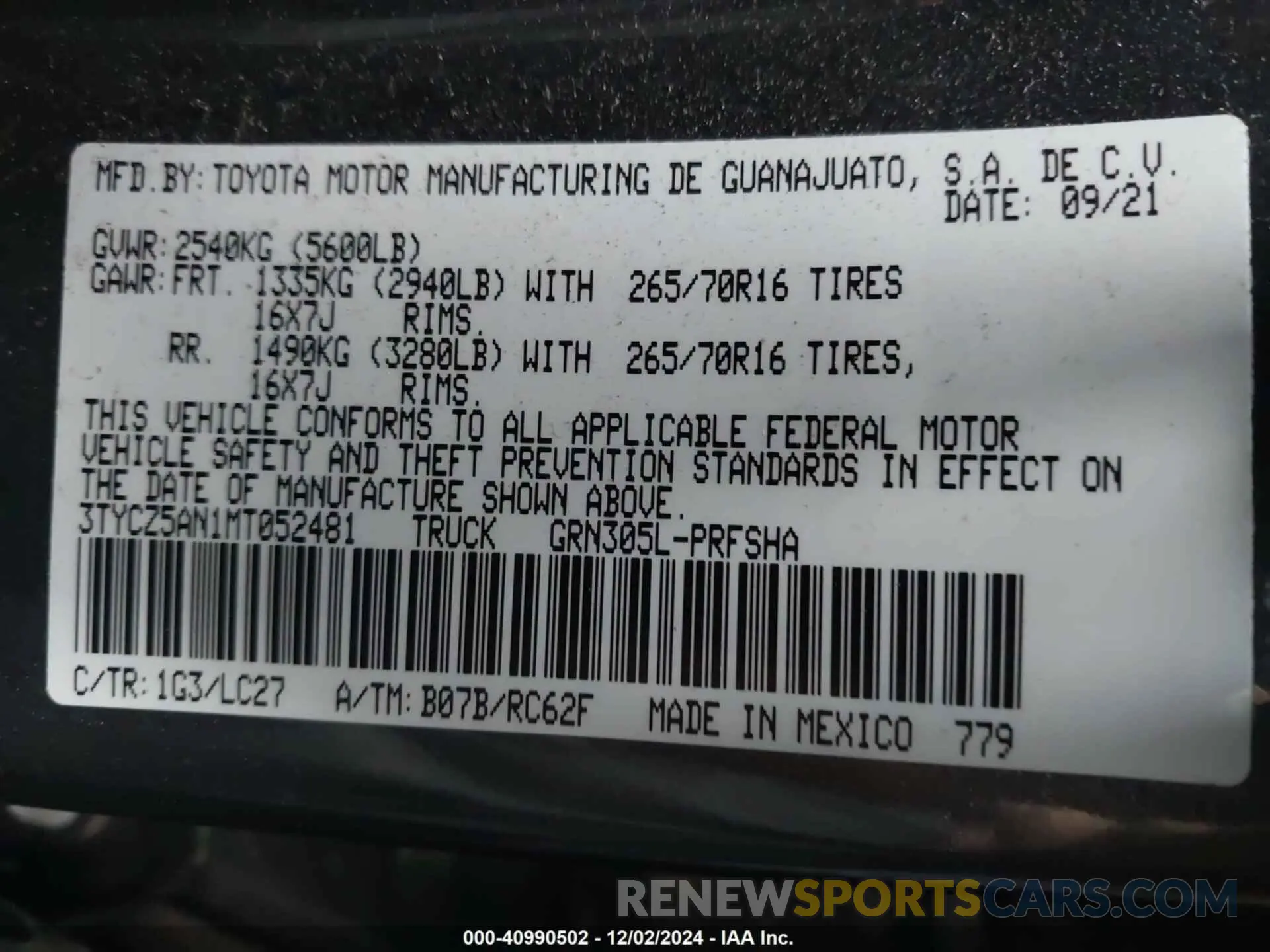 9 fotografías del automóvil dañado 3TYCZ5AN1MT052481 TOYOTA TACOMA 2021
