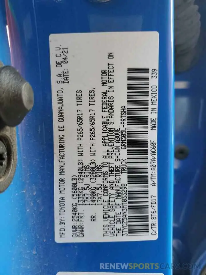 13 fotografías del automóvil dañado 3TYCZ5AN3MT033298 TOYOTA TACOMA 2021