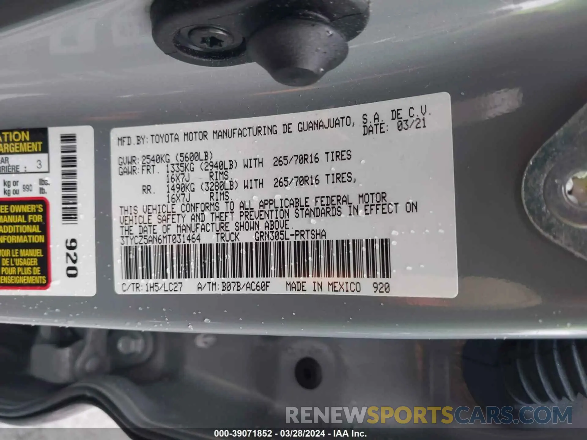9 fotografías del automóvil dañado 3TYCZ5AN6MT031464 TOYOTA TACOMA 2021