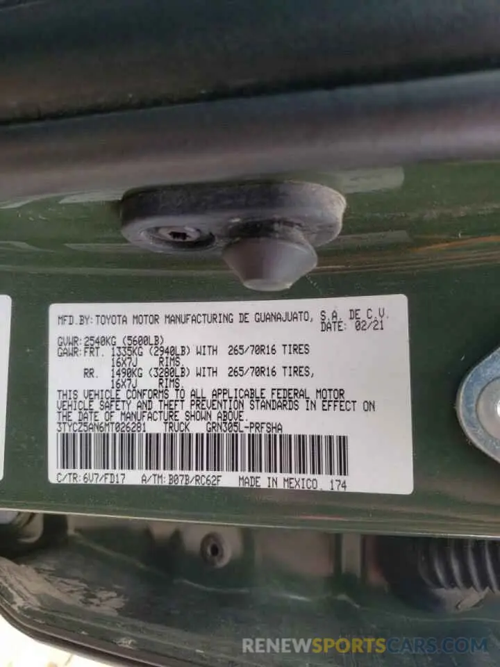 10 fotografías del automóvil dañado 3TYCZ5ANGMT026281 TOYOTA TACOMA 2021