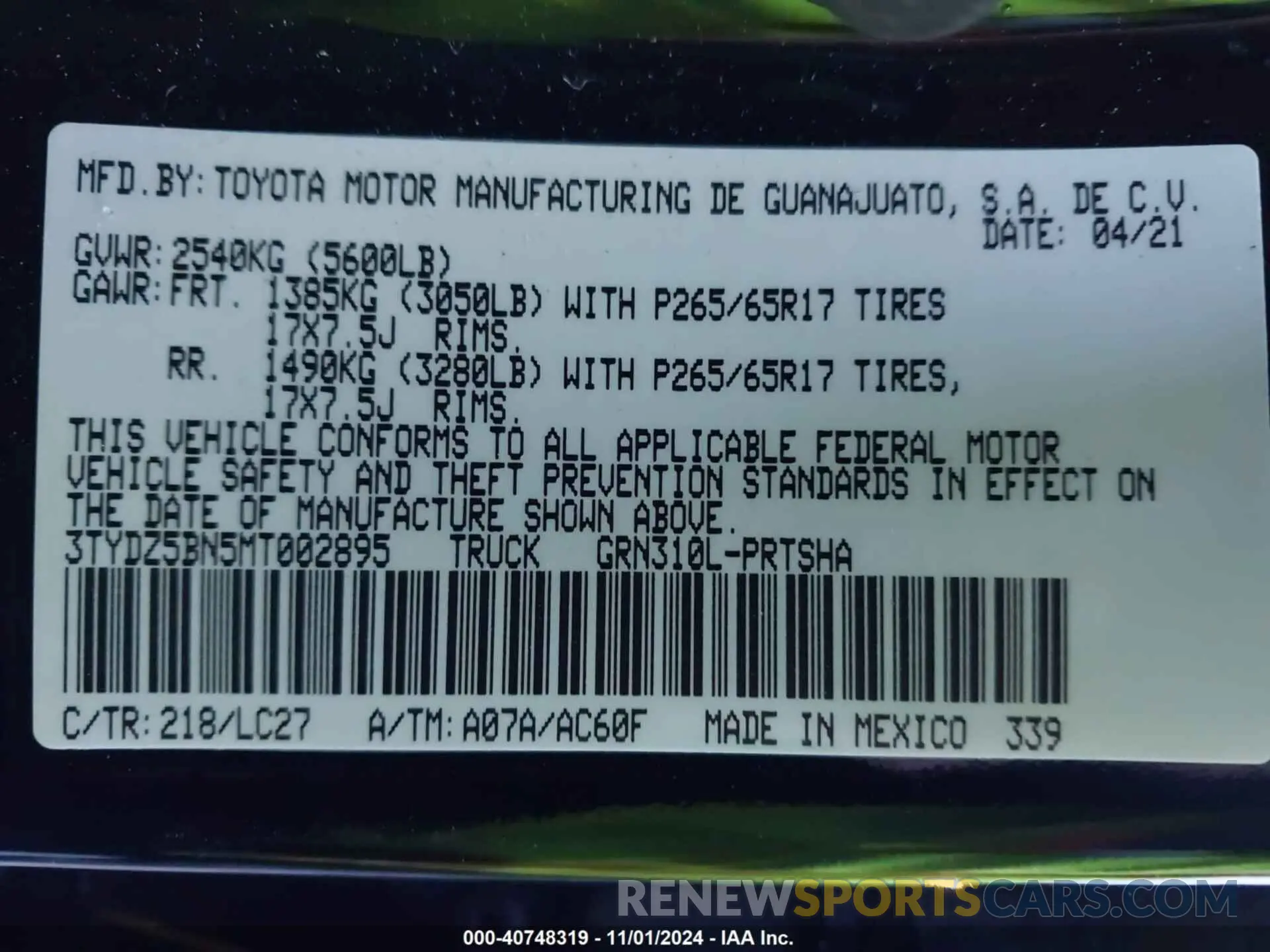 9 fotografías del automóvil dañado 3TYDZ5BN5MT002895 TOYOTA TACOMA 2021