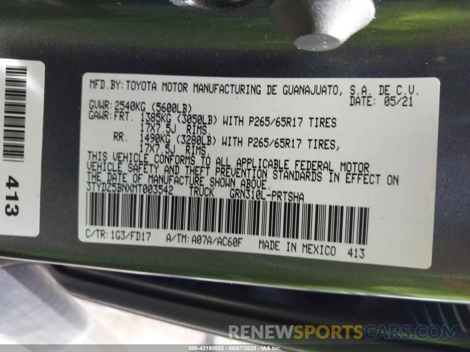 9 fotografías del automóvil dañado 3TYDZ5BNXMT003542 TOYOTA TACOMA 2021