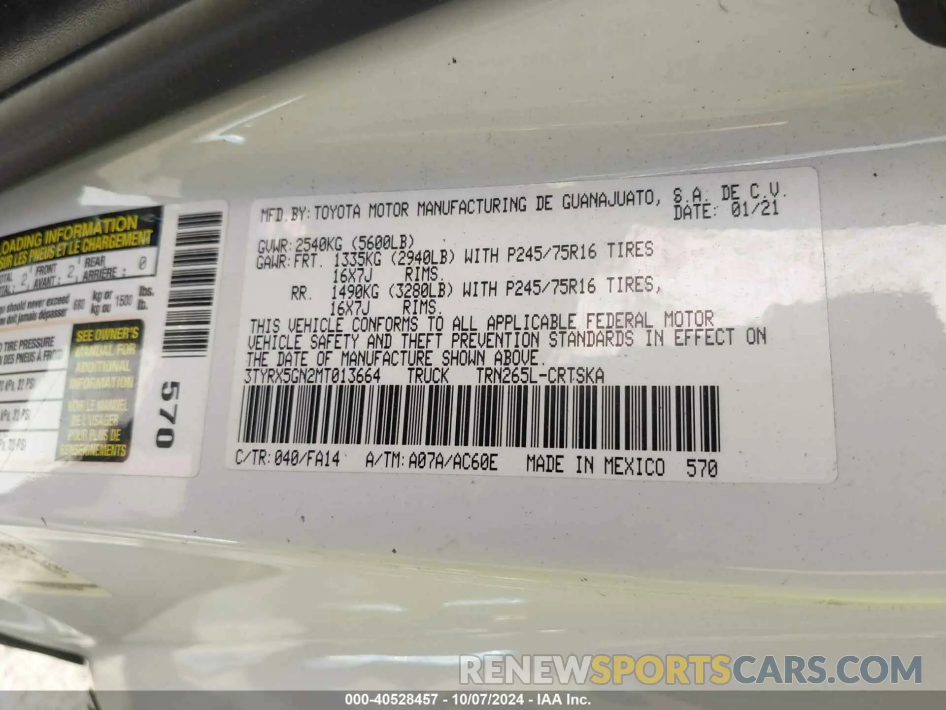 9 fotografías del automóvil dañado 3TYRX5GN2MT013664 TOYOTA TACOMA 2021