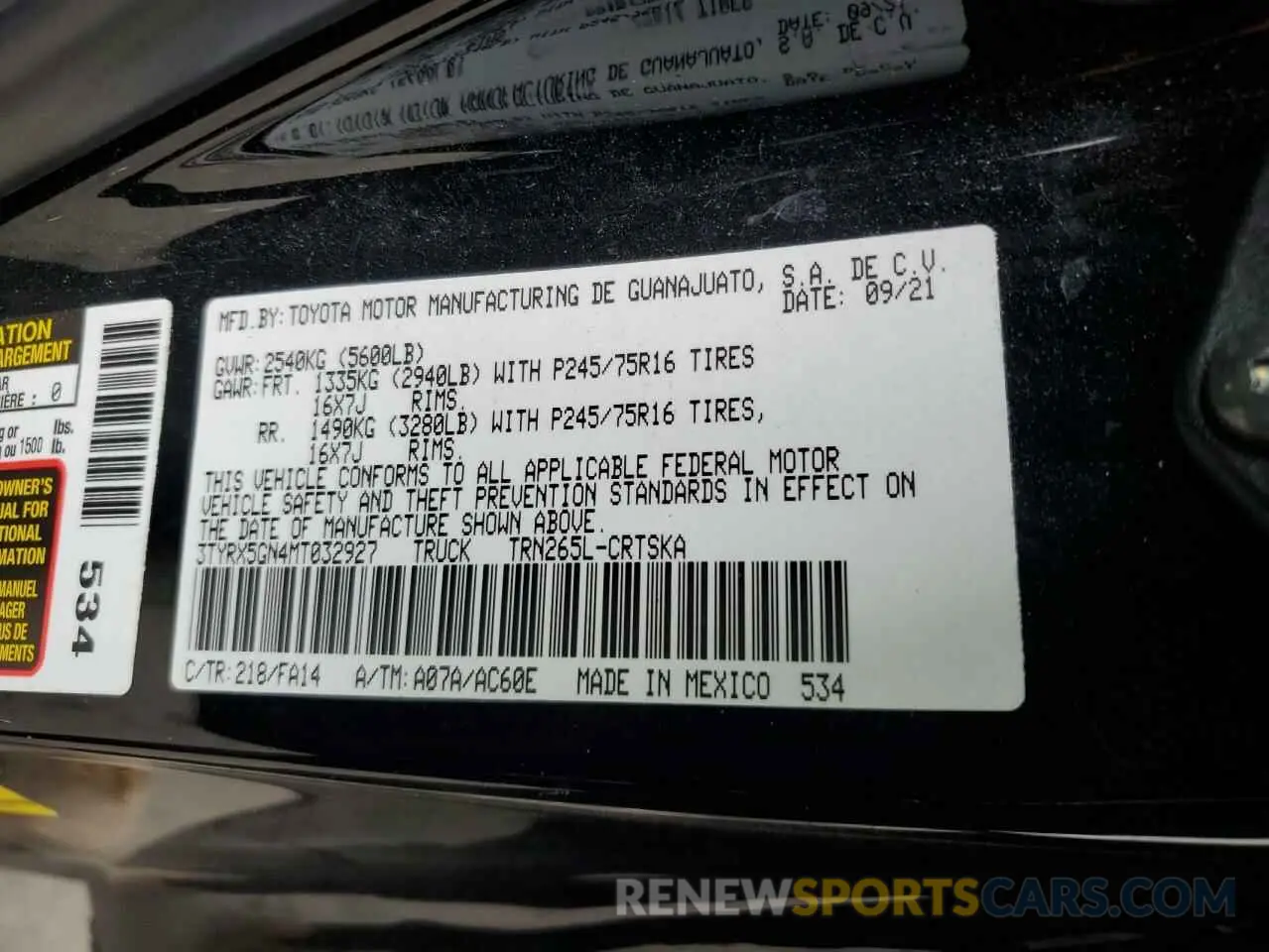 12 fotografías del automóvil dañado 3TYRX5GN4MT032927 TOYOTA TACOMA 2021