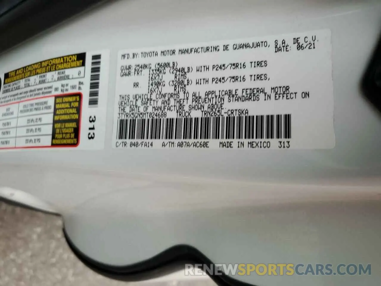 12 fotografías del automóvil dañado 3TYRX5GN5MT024688 TOYOTA TACOMA 2021