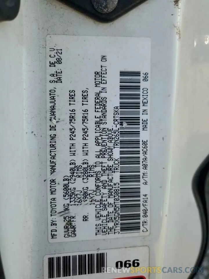 12 fotografías del automóvil dañado 3TYRX5GN5MT030815 TOYOTA TACOMA 2021