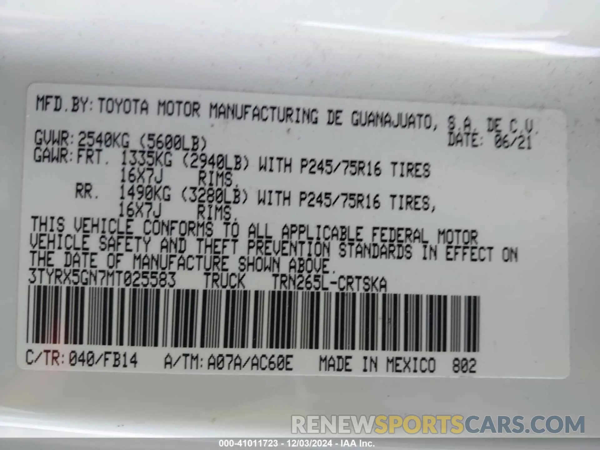 9 fotografías del automóvil dañado 3TYRX5GN7MT025583 TOYOTA TACOMA 2021