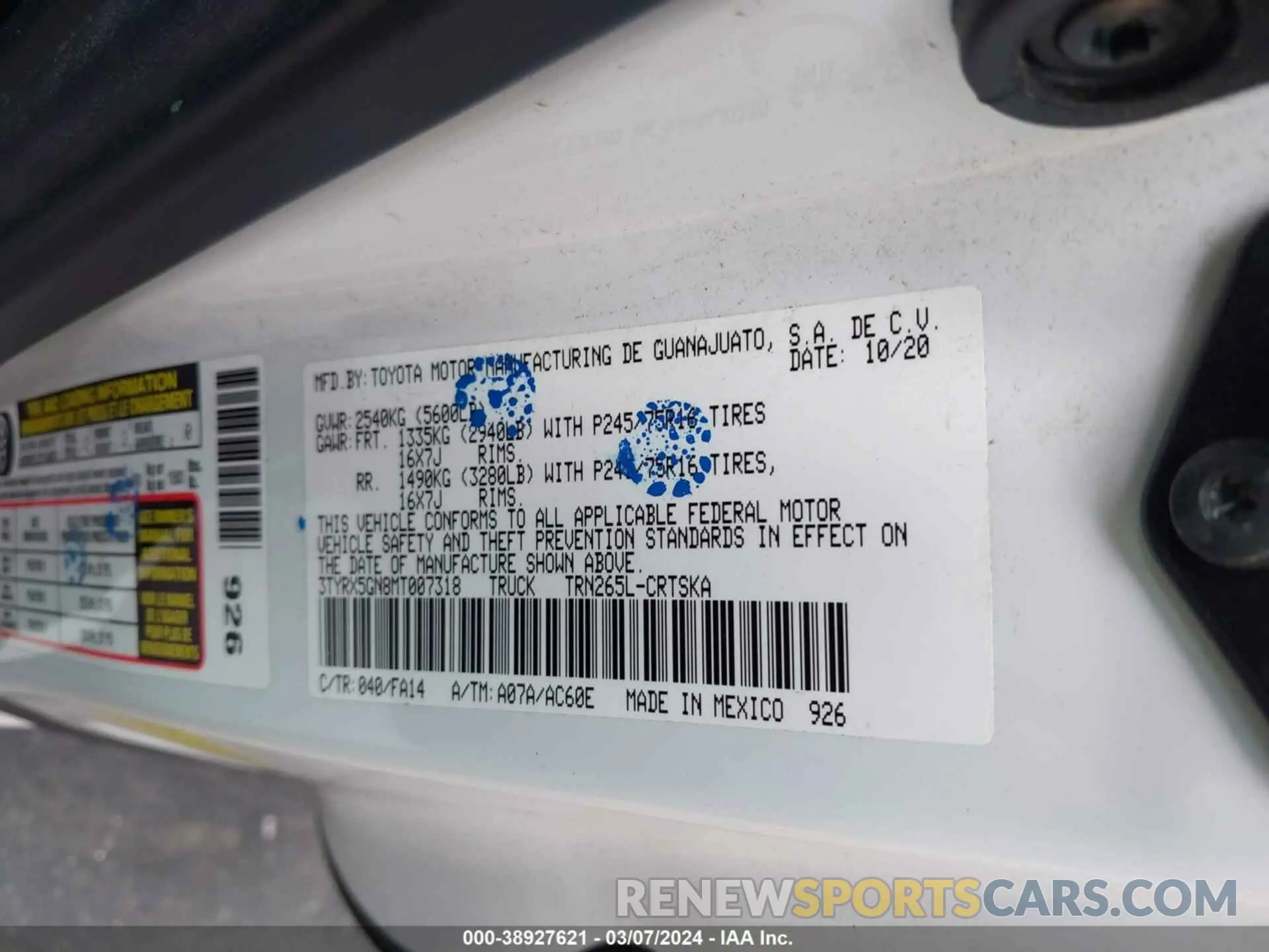 9 fotografías del automóvil dañado 3TYRX5GN8MT007318 TOYOTA TACOMA 2021