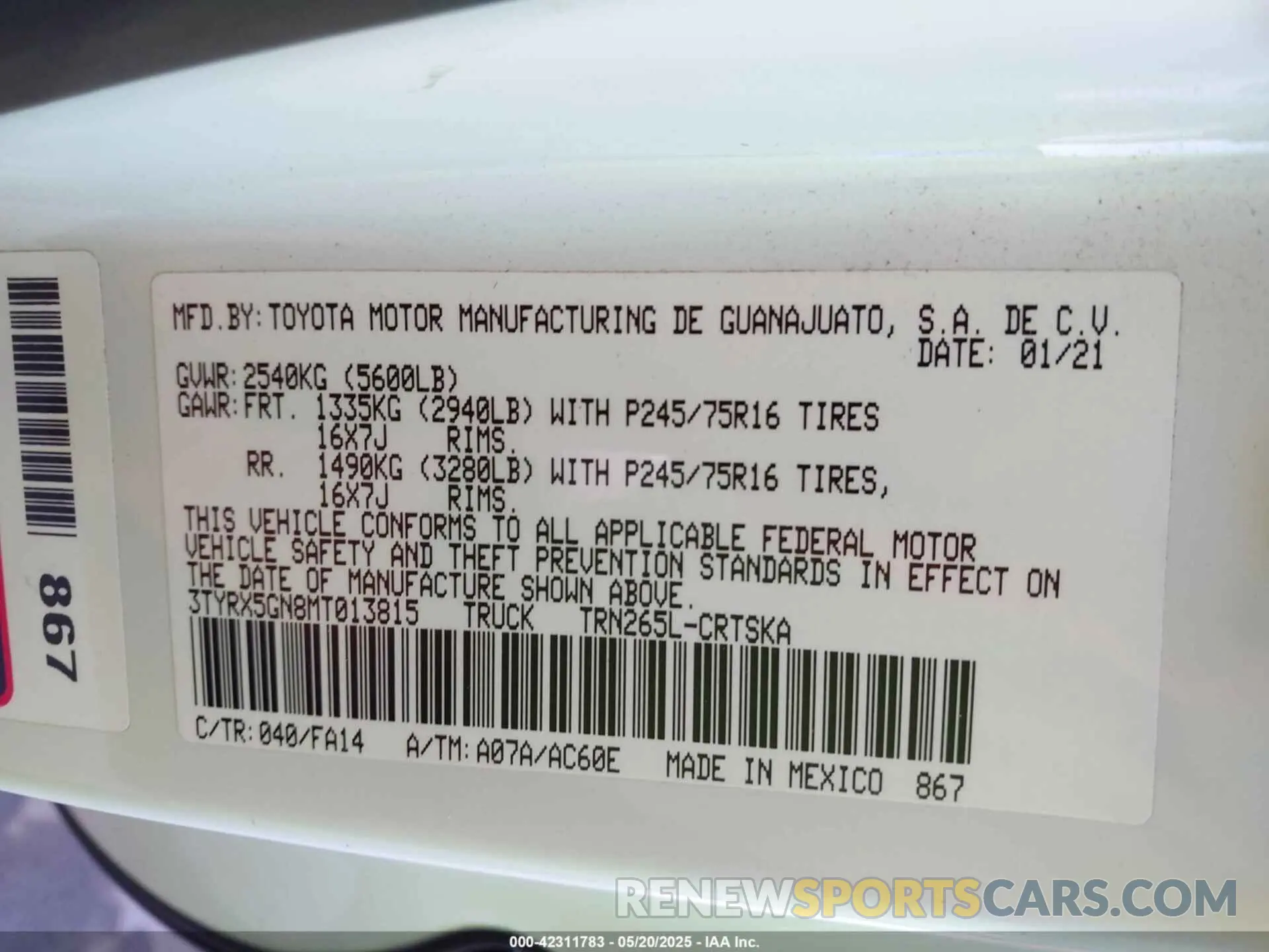 9 fotografías del automóvil dañado 3TYRX5GN8MT013815 TOYOTA TACOMA 2021