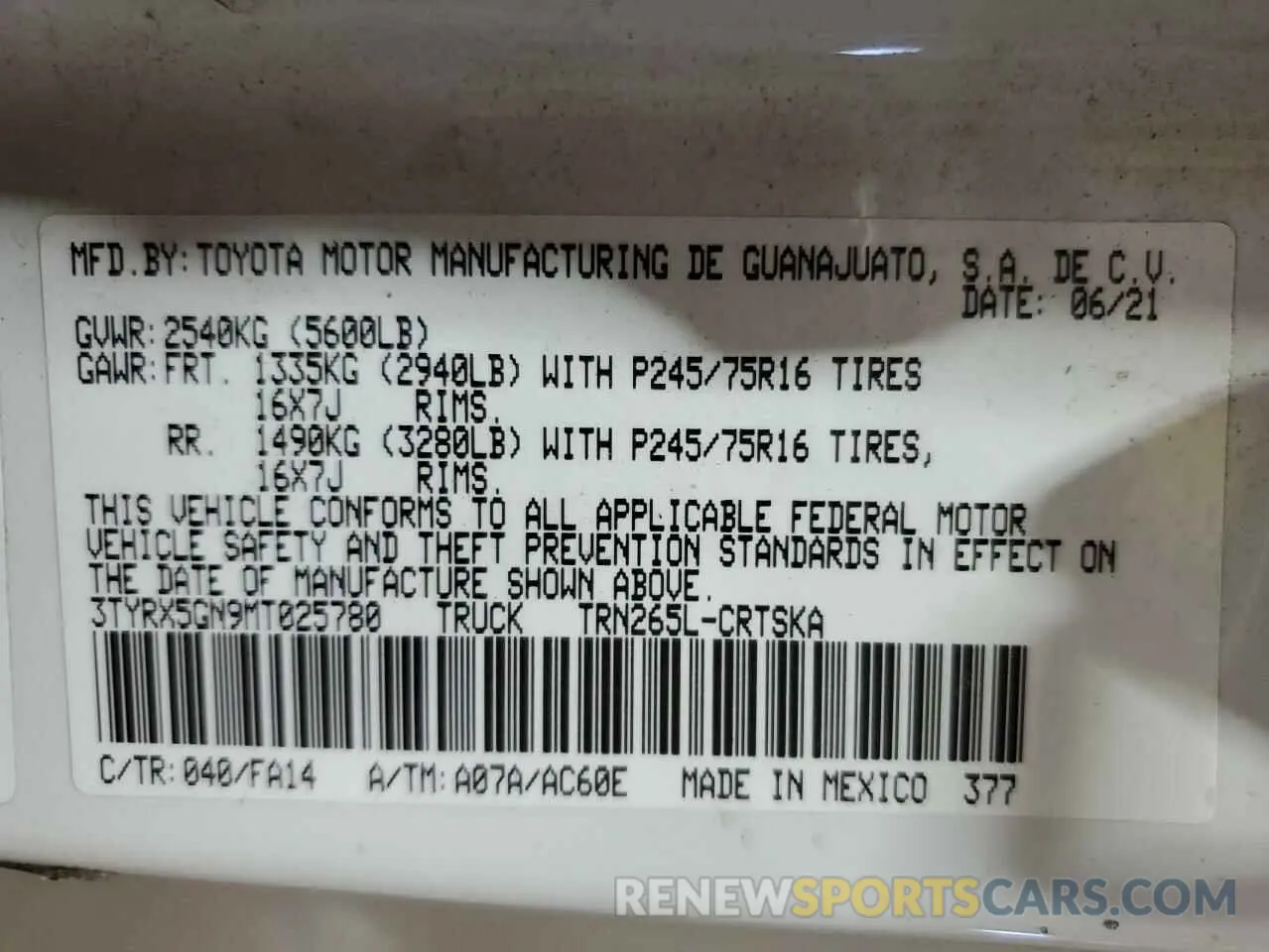 11 fotografías del automóvil dañado 3TYRX5GN9MT025780 TOYOTA TACOMA 2021