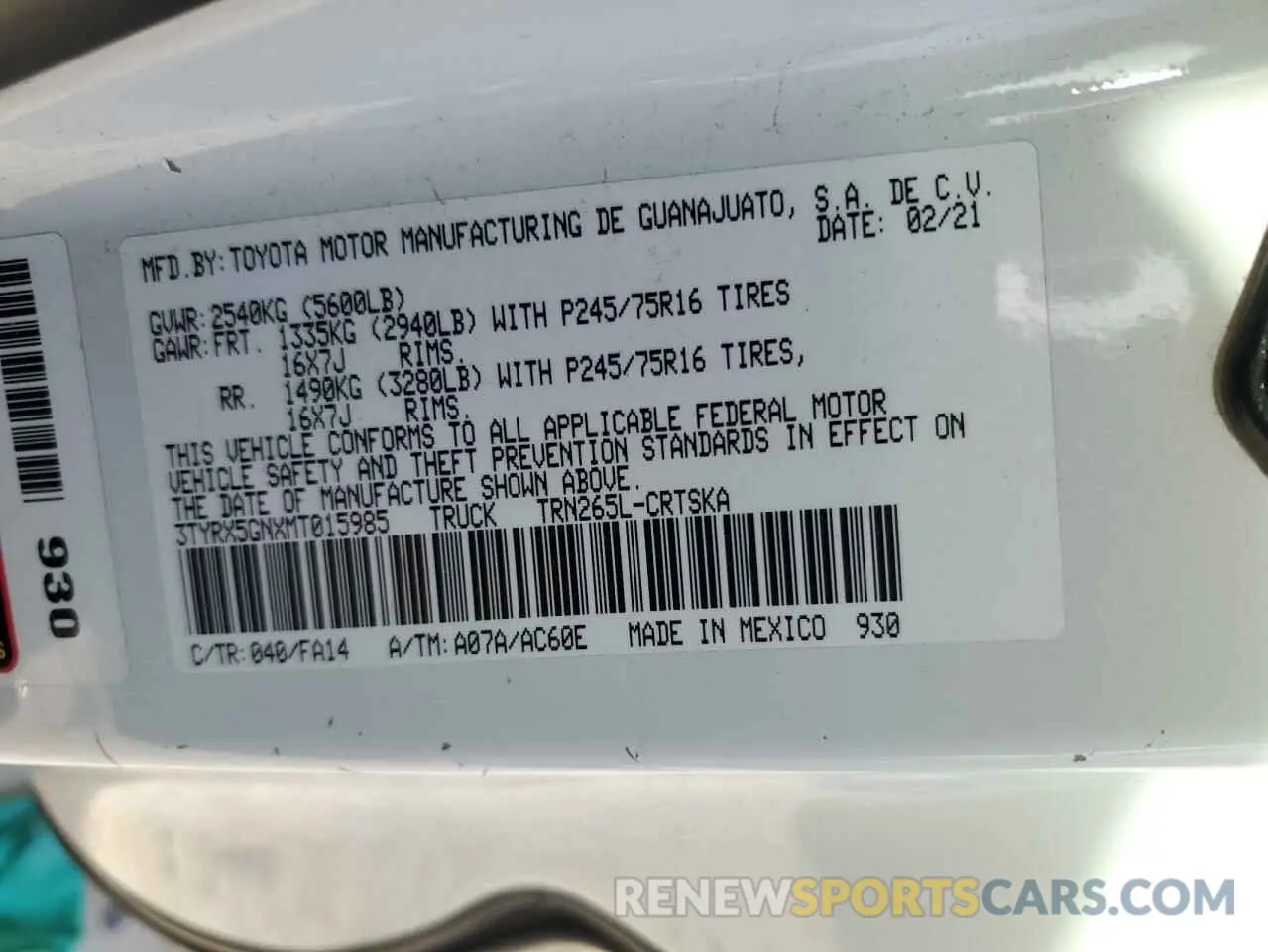 12 fotografías del automóvil dañado 3TYRX5GNXMT015985 TOYOTA TACOMA 2021