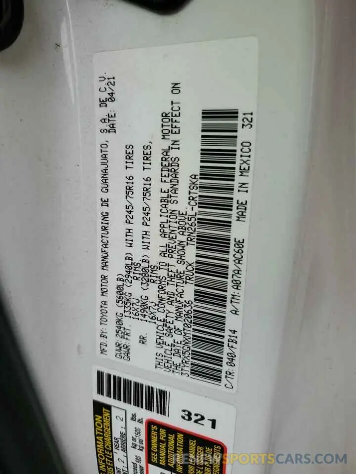 12 fotografías del automóvil dañado 3TYRX5GNXMT020636 TOYOTA TACOMA 2021