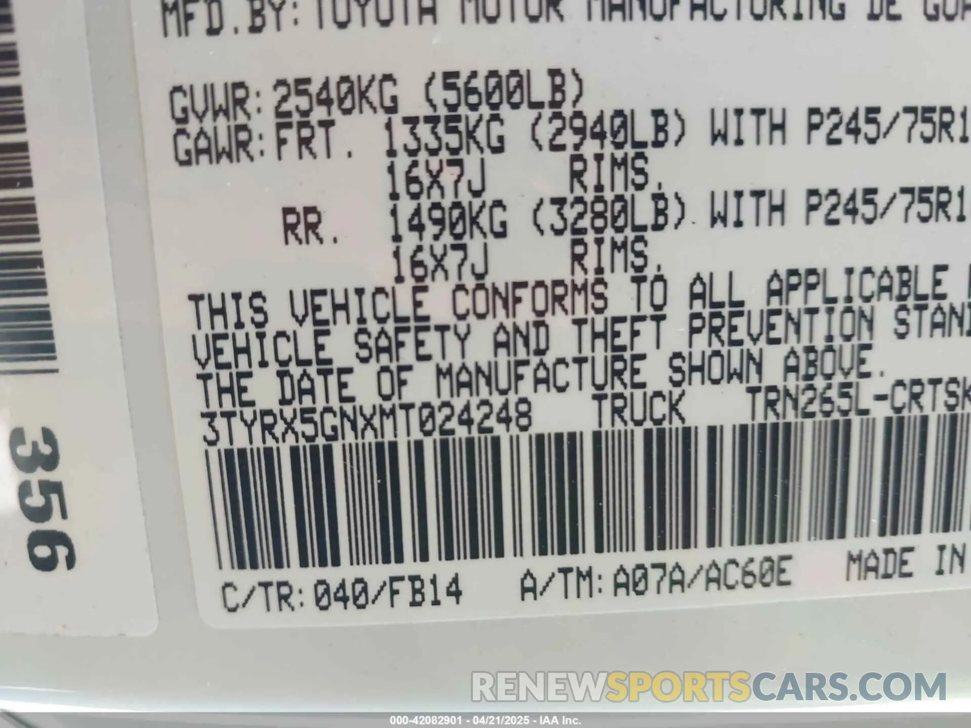 9 fotografías del automóvil dañado 3TYRX5GNXMT024248 TOYOTA TACOMA 2021