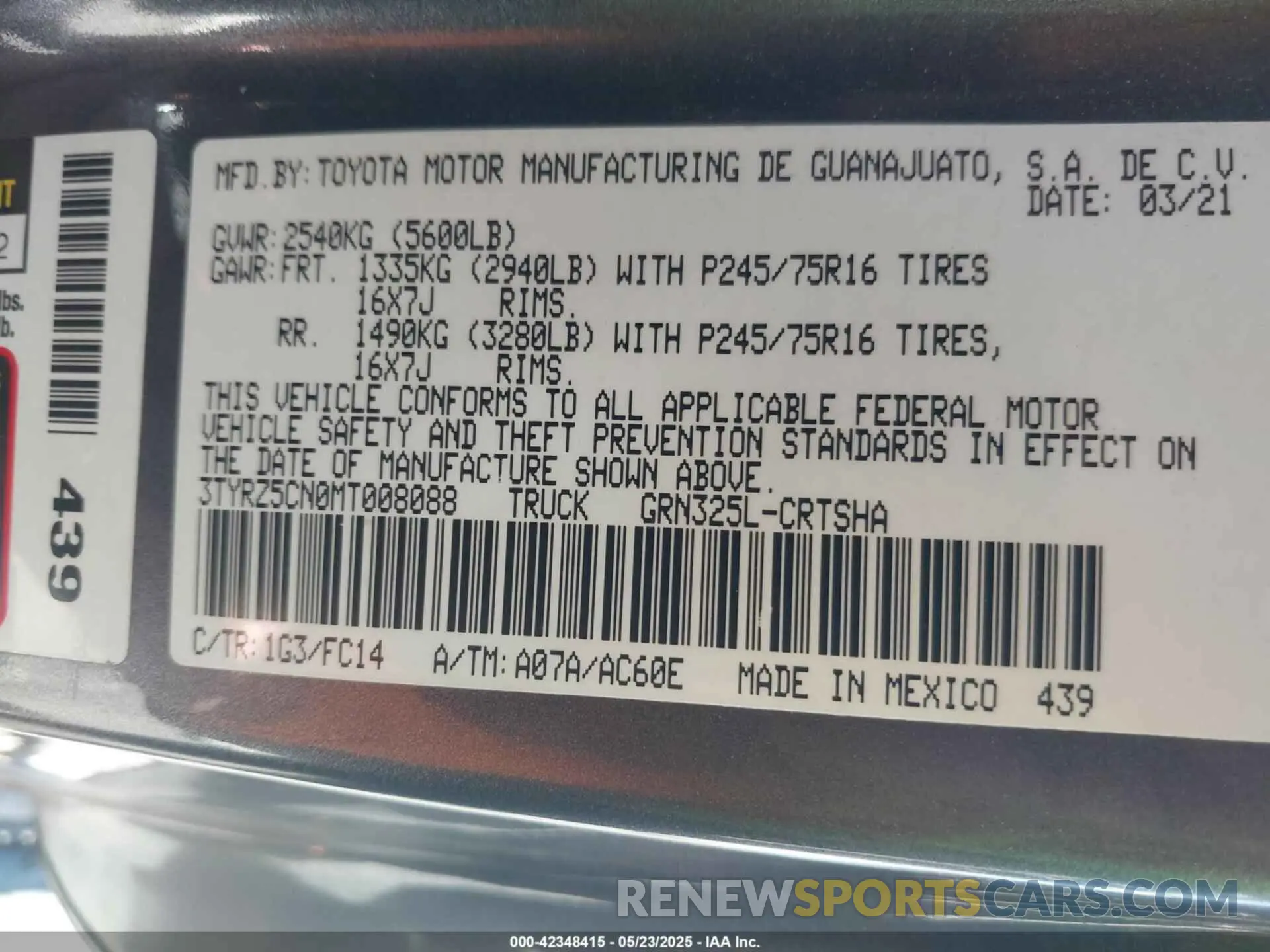 9 fotografías del automóvil dañado 3TYRZ5CN0MT008088 TOYOTA TACOMA 2021