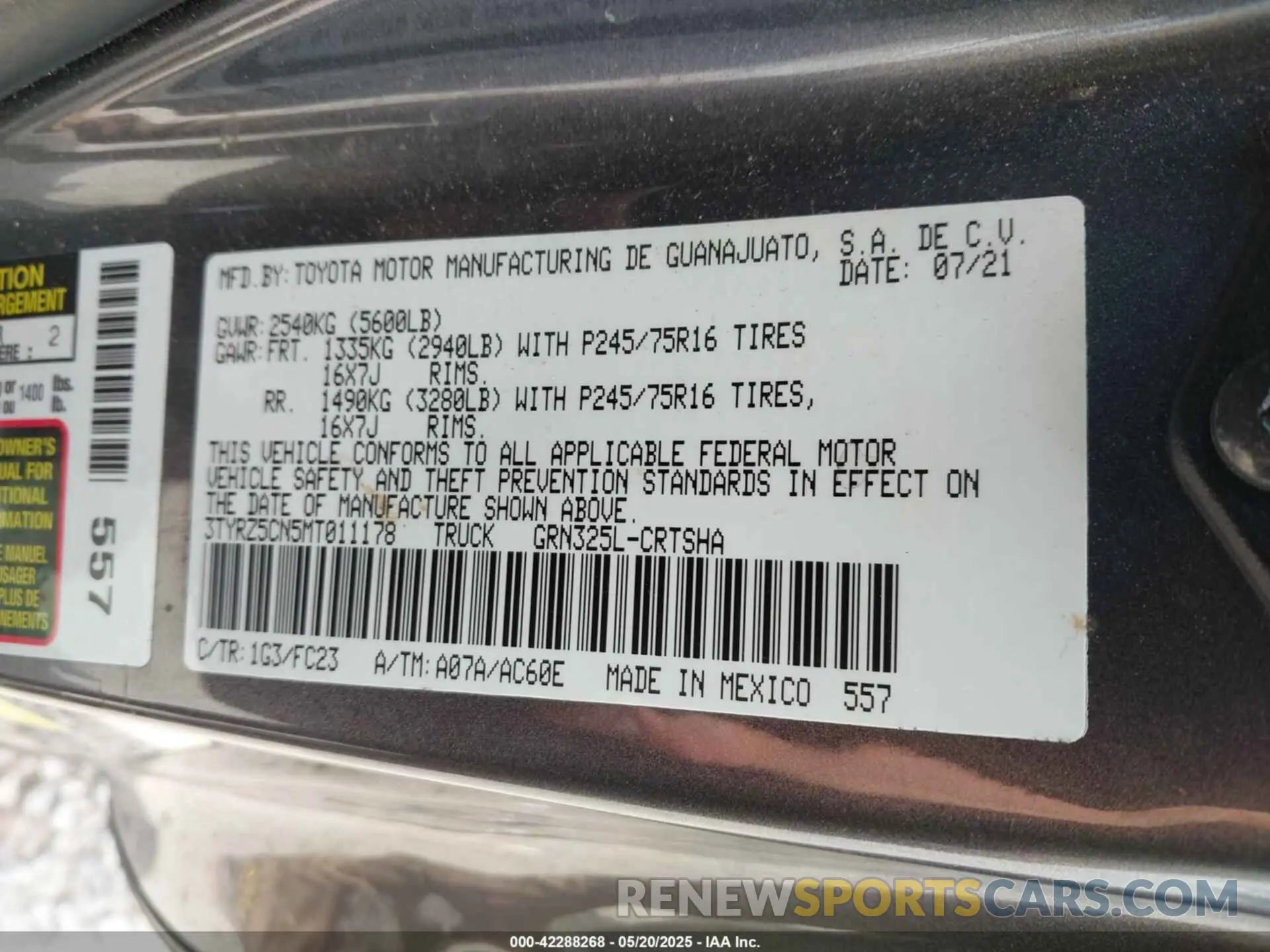 9 fotografías del automóvil dañado 3TYRZ5CN5MT011178 TOYOTA TACOMA 2021