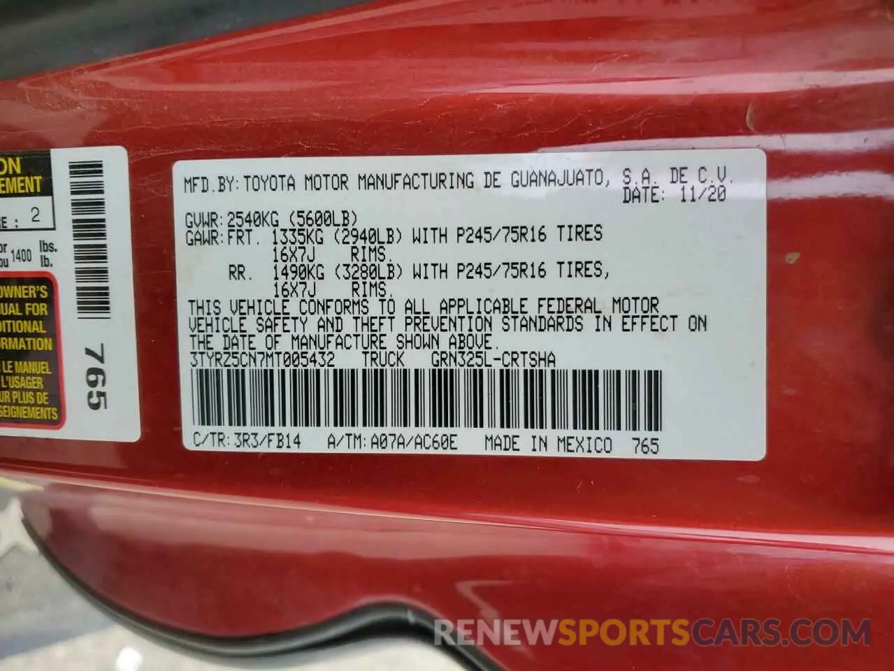 12 fotografías del automóvil dañado 3TYRZ5CN7MT005432 TOYOTA TACOMA 2021