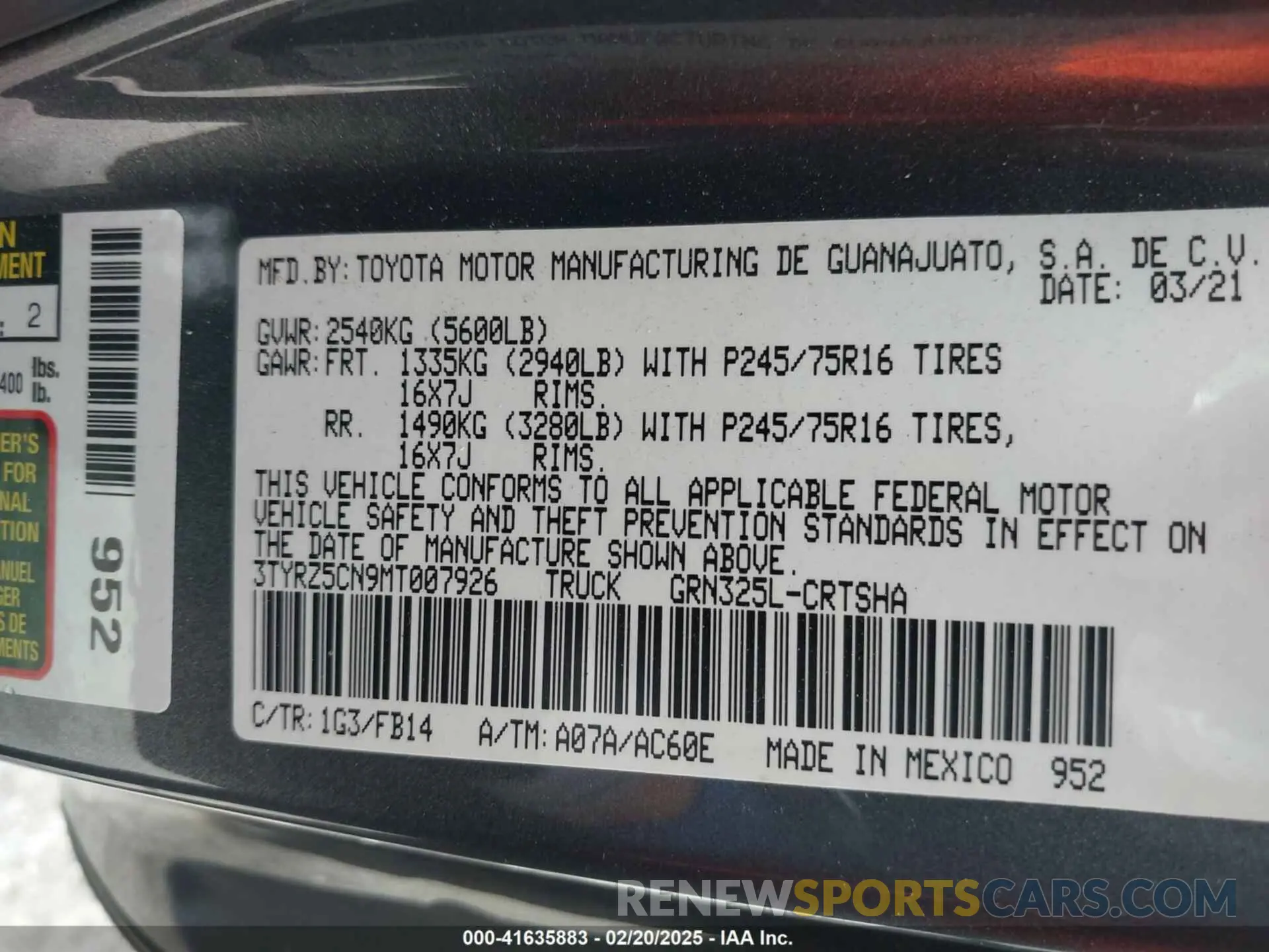 9 fotografías del automóvil dañado 3TYRZ5CN9MT007926 TOYOTA TACOMA 2021