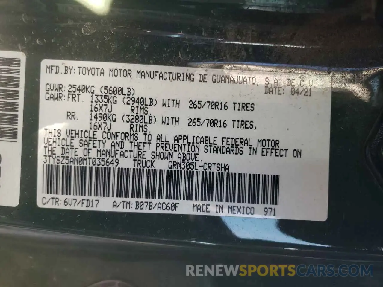 13 fotografías del automóvil dañado 3TYSZ5AN0MT035649 TOYOTA TACOMA 2021