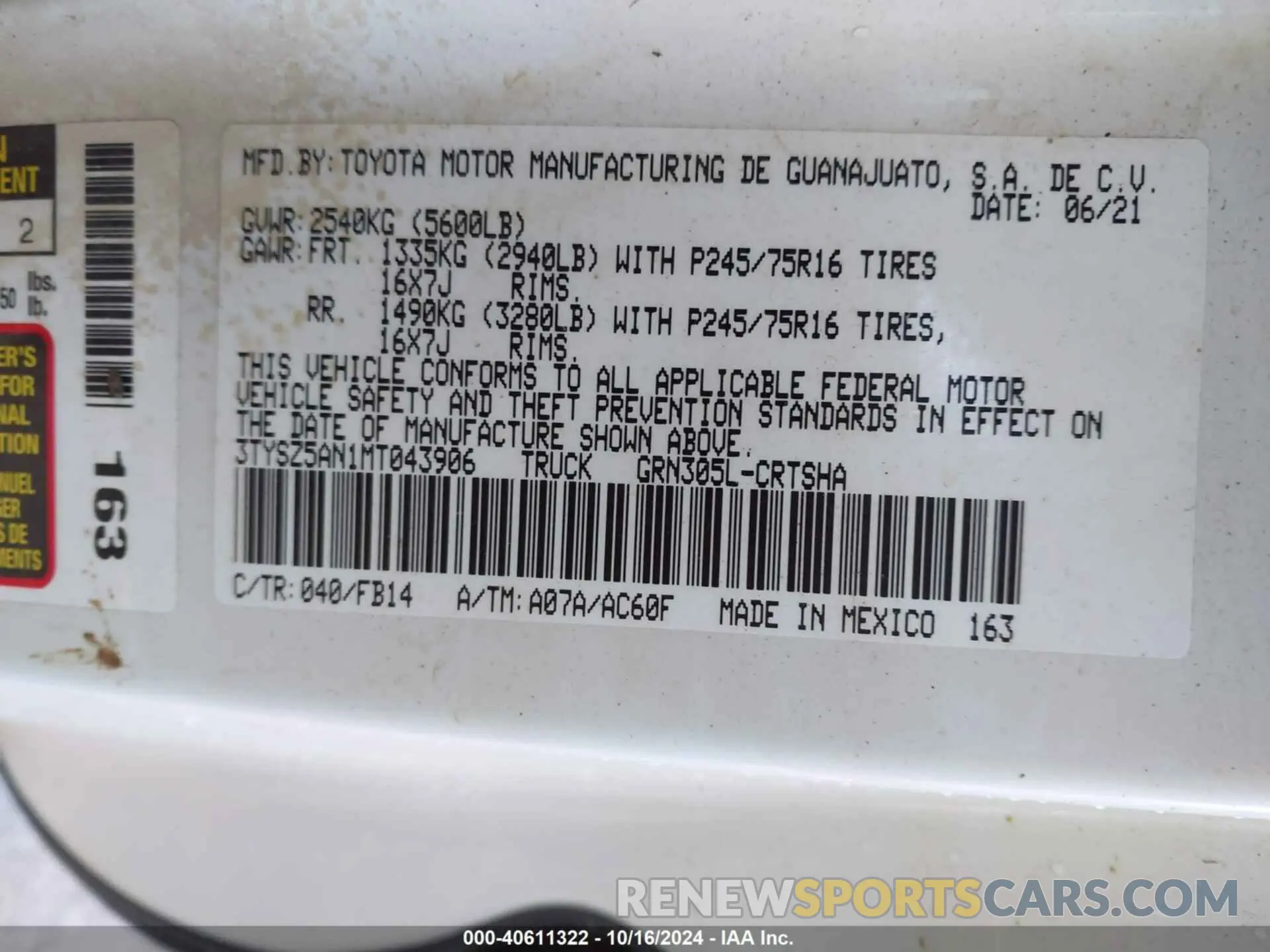 9 fotografías del automóvil dañado 3TYSZ5AN1MT043906 TOYOTA TACOMA 2021