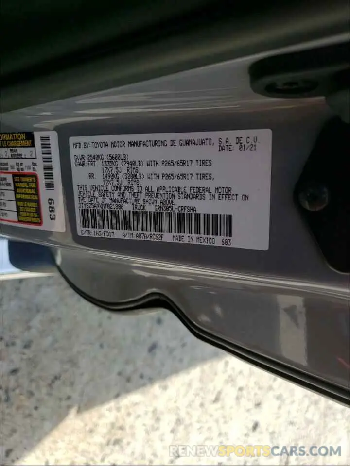10 fotografías del automóvil dañado 3TYSZ5ANXMT021886 TOYOTA TACOMA 2021