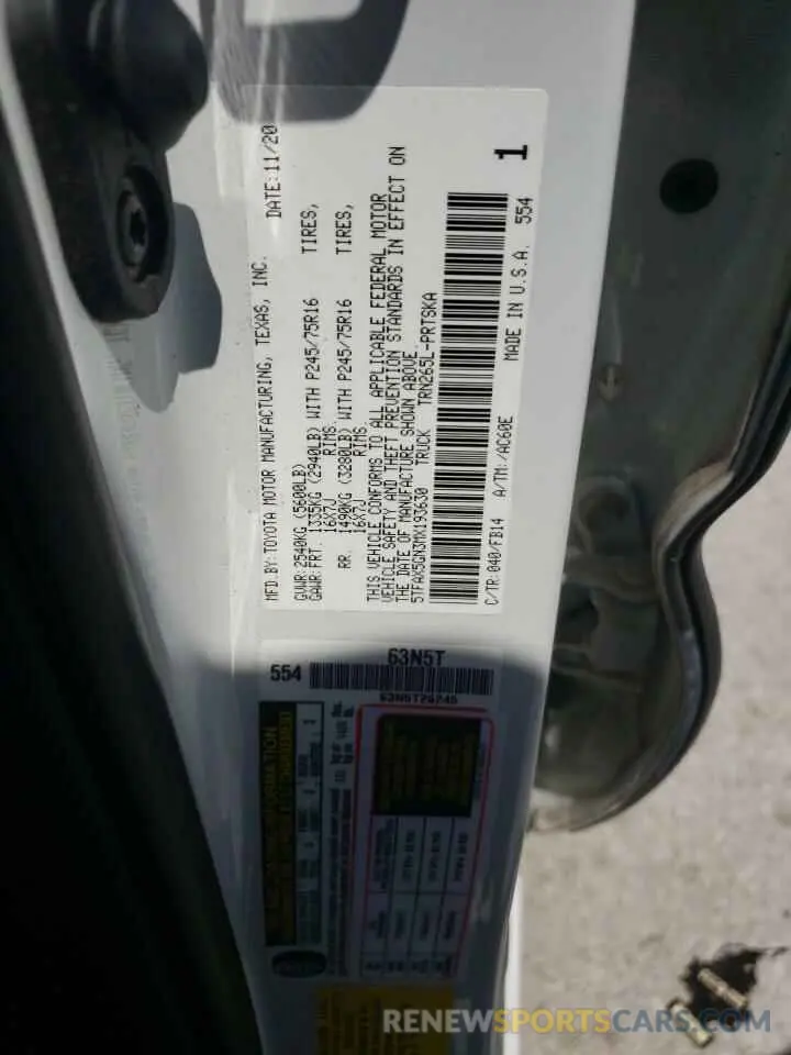 13 fotografías del automóvil dañado 5TFAX5GN3MX193630 TOYOTA TACOMA 2021