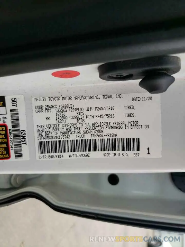 10 fotografías del automóvil dañado 5TFAX5GN3MX193742 TOYOTA TACOMA 2021