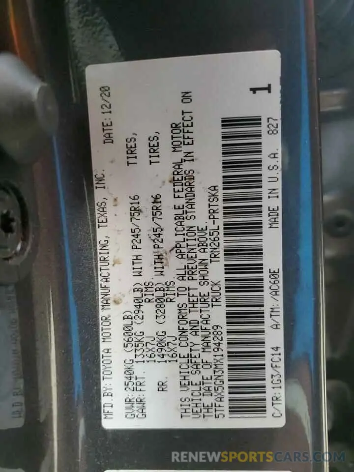 13 fotografías del automóvil dañado 5TFAX5GN3MX194289 TOYOTA TACOMA 2021