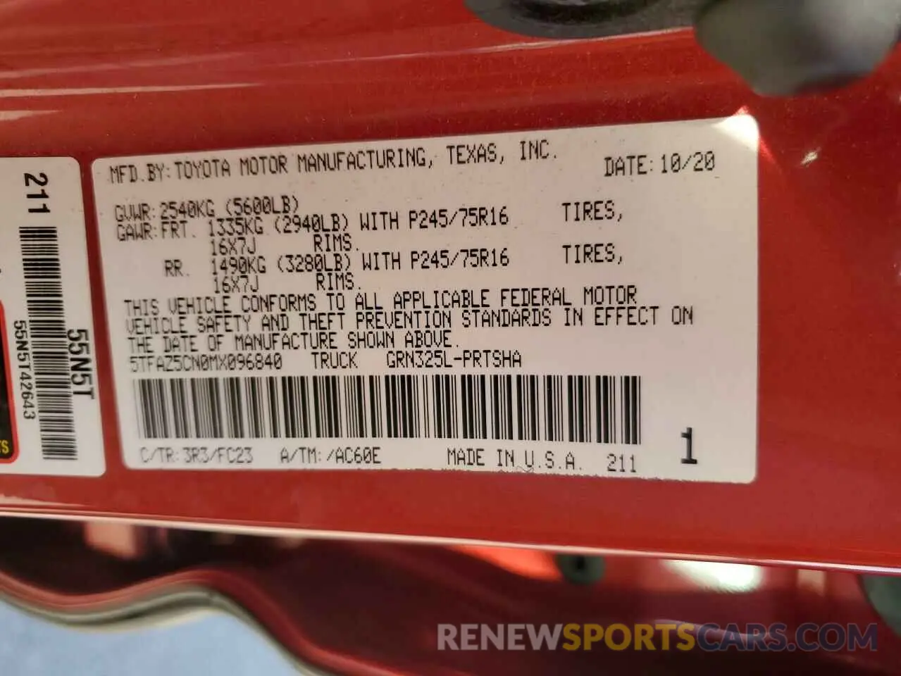 13 fotografías del automóvil dañado 5TFAZ5CN0MX096840 TOYOTA TACOMA 2021