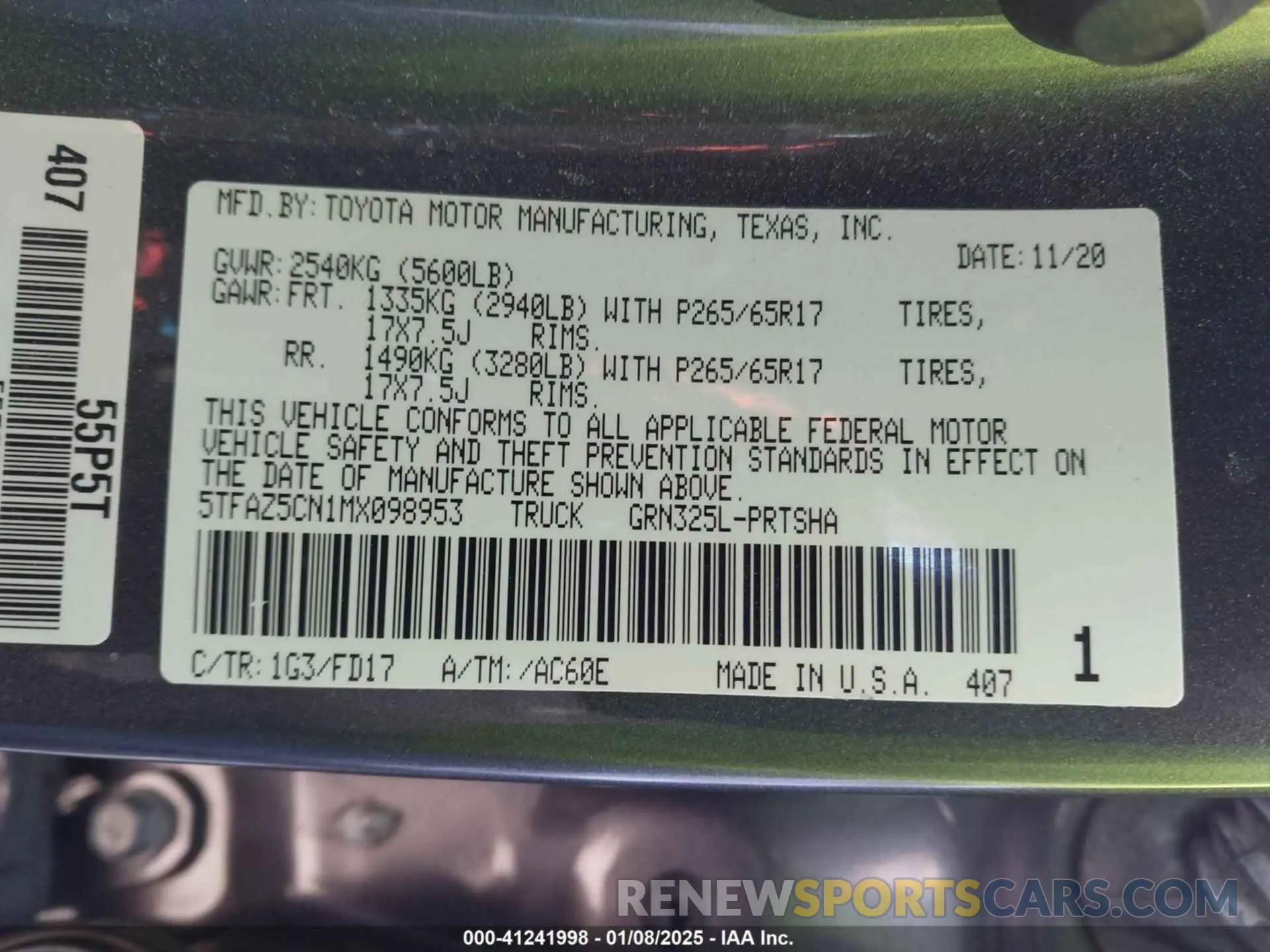 9 fotografías del automóvil dañado 5TFAZ5CN1MX098953 TOYOTA TACOMA 2021