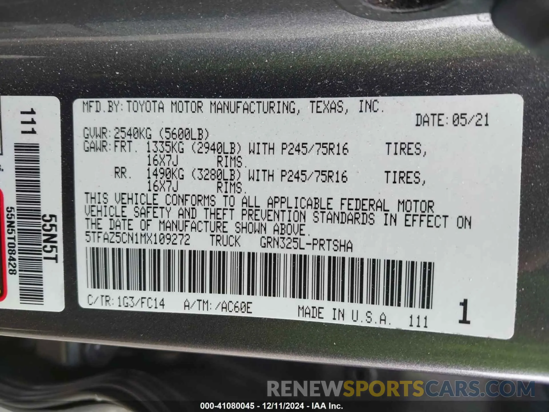 9 fotografías del automóvil dañado 5TFAZ5CN1MX109272 TOYOTA TACOMA 2021