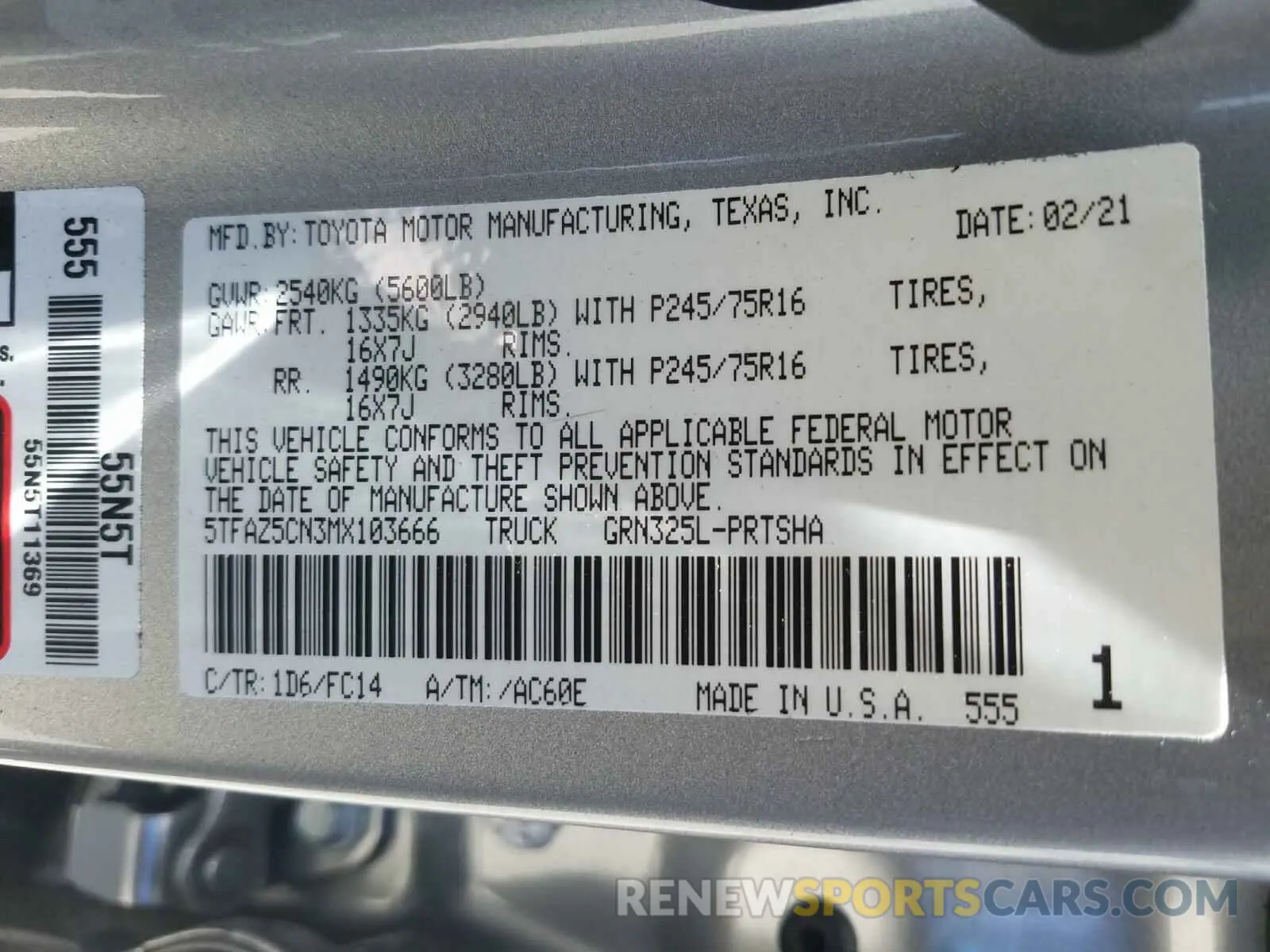 10 fotografías del automóvil dañado 5TFAZ5CN3MX103666 TOYOTA TACOMA 2021